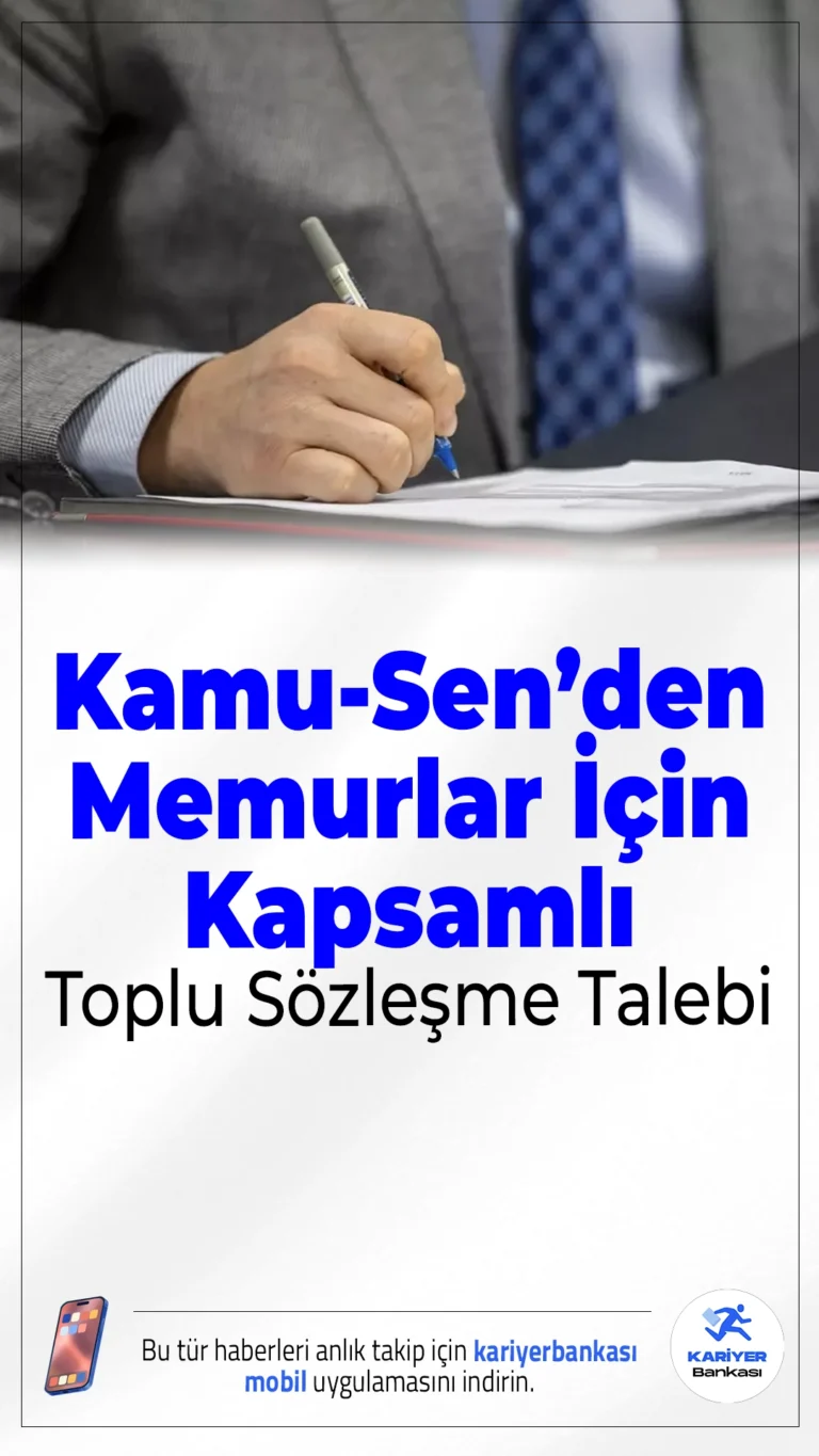 Kamu-Sen’den Memurlar İçin Kapsamlı Toplu Sözleşme Talebi.Toplu sözleşme süreci öncesinde Türkiye Kamu-Sen, memur ve emekliler adına taleplerini duyurdu. Enflasyon karşısında eriyen maaşlara karşı ciddi artış talep eden sendika, sosyal yardımlardan vergi düzenlemelerine kadar birçok başlıkta değişiklik istedi.