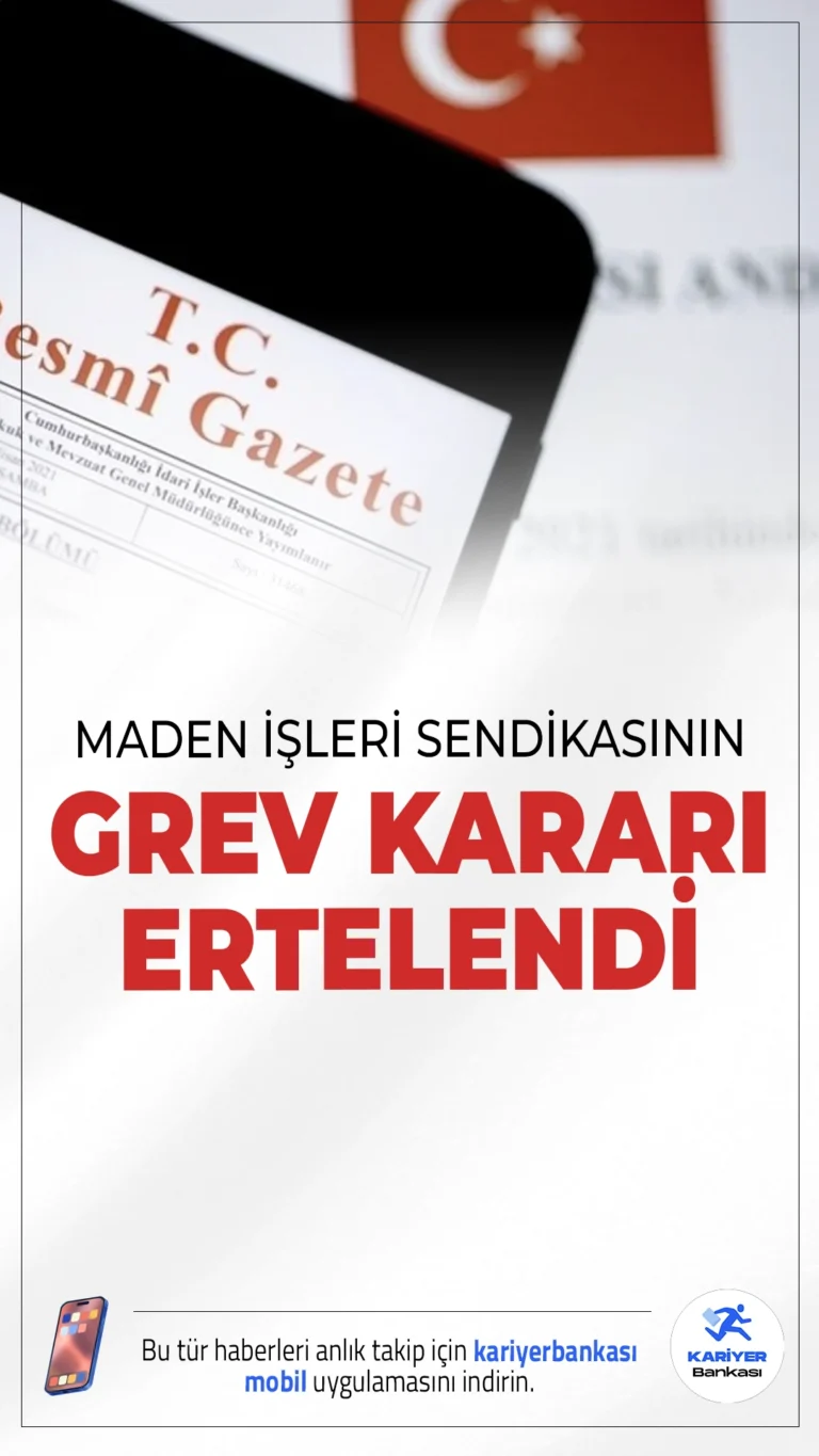 Maden İşçileri Sendikası'nın Grev Kararı 60 Gün Ertelendi.Türkiye Maden İşçileri Sendikası'nın Eti Maden işletmelerinde aldığı grev kararı, milli güvenliği bozucu nitelikte görüldüğü gerekçesiyle 60 gün ertelendi.