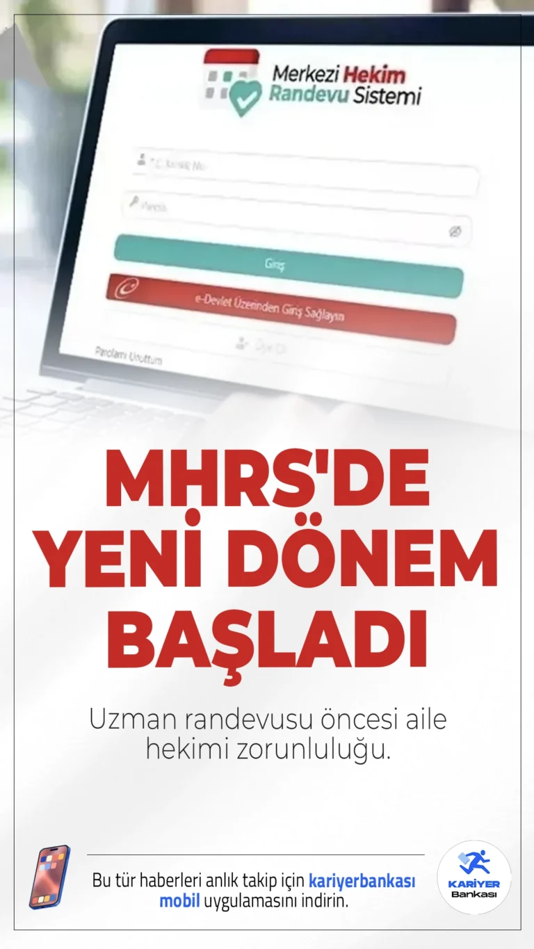 MHRS'de Yeni Dönem Başladı: Uzman Randevusu Öncesi Aile Hekimi Zorunluluğu.25 Temmuz itibarıyla yürürlüğe giren yeni uygulamayla, MHRS üzerinden uzman hekim randevusu almadan önce vatandaşlar, aile hekimine yönlendirilecek. Değerlendirme sonrası gerek görülürse uzman hekime yönlendirme yapılacak.