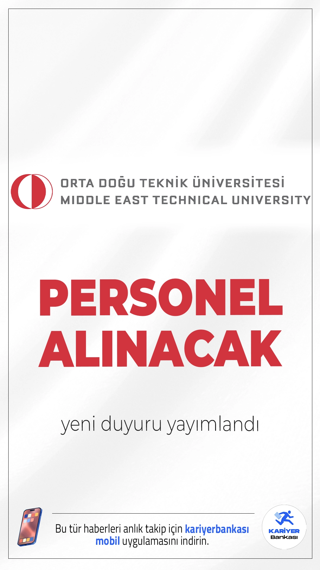 ODTÜ 7 Personel Alımı Yapacak.Orta Doğu Teknik Üniversitesi (ODTÜ), Bilgi İşlem Daire Başkanlığı bünyesinde görevlendirilmek üzere 7 sözleşmeli personel alımı yapacağını duyurdu. 375 sayılı KHK’ya ve ilgili yönetmeliğe göre gerçekleştirilecek alımlar kapsamında, adaylar yazılı sınav ile değerlendirilecek.