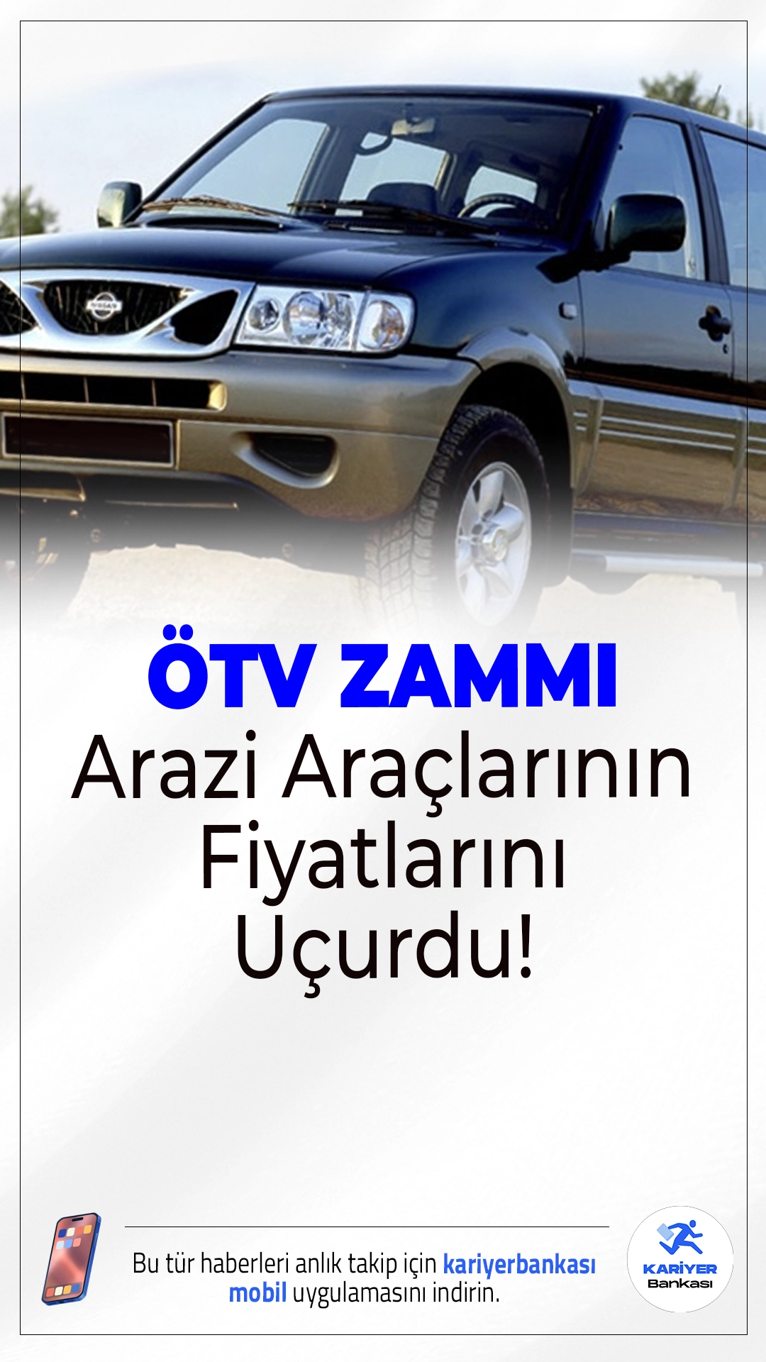 ÖTV Zammı Arazi Araçlarının Fiyatlarını Uçurdu!Yapılan ÖTV düzenlemesi sonrası arazi araçlarının fiyatları neredeyse iki katına çıktı. Zam oranı kamuoyunda büyük yankı uyandırdı.