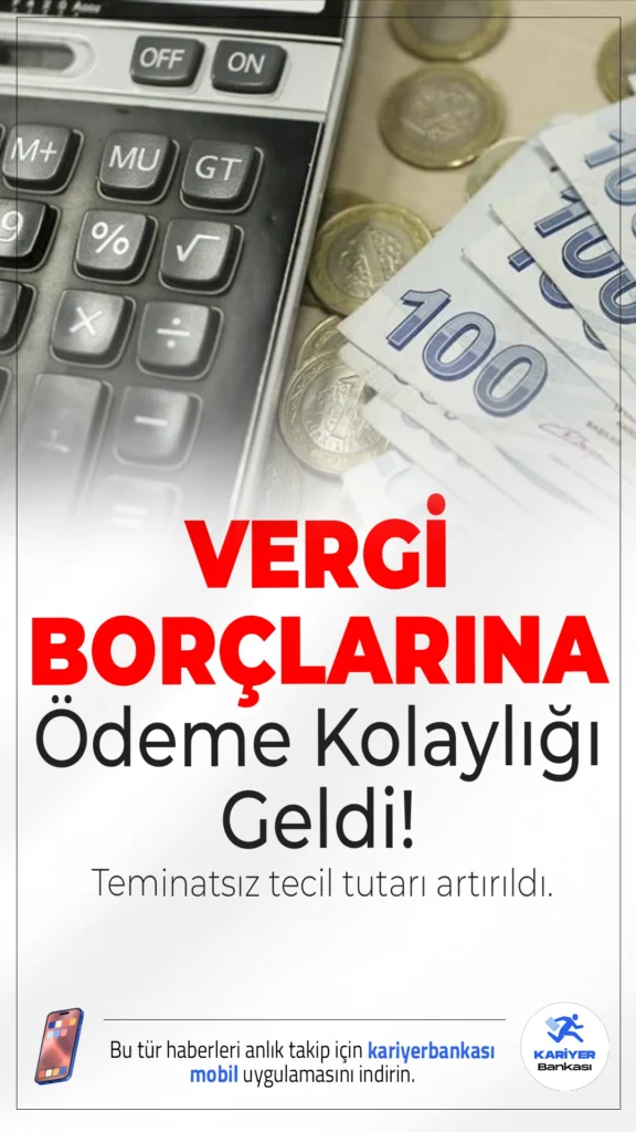 Vergi Borçlarında Taksitlendirme Kolaylaştı: Teminatsız Tecil Tutarı Artırıldı.Vergi borçlarının taksitlendirilmesinde teminatsız tecil üst sınırı 50 bin liradan 250 bin liraya çıkarıldı. Yeni düzenleme, mükelleflerin borçlarını daha rahat yapılandırabilmesine olanak sağlıyor.