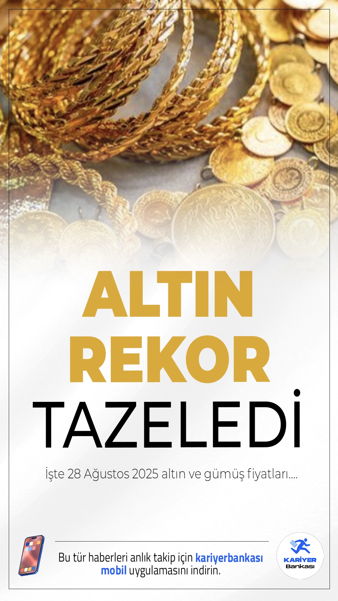 Gram Altın Rekor Tazeledi! İşte 28 Ağustos 2025 Altın ve Gümüş Fiyatları….Gram altın haftasonuna doğru rekor tazeledi.Serbest piyasalara bakıldığında gram altın  4.475,33 TL'den işlem görürken, çeyrek altın 7.310,36 TL’den alıcı buluyor.Yarım altın 14.620,73 TL, tam altın ise 29.152,03 TL’den satılıyor.