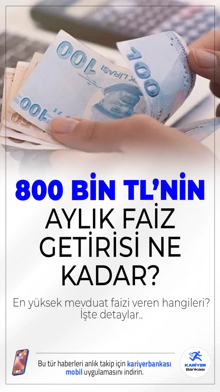 En Yüksek Mevduat Faizi Hangi Bankada? 800 Bin TL'nin 1 Aylık Getirisi Ne Kadar?Merkez Bankası'nın faiz indirimi sonrası bankaların mevduat faiz oranları yeniden şekillendi. Peki en yüksek faizi hangi banka veriyor, 800 bin TL 1 ayda ne kazandırıyor?