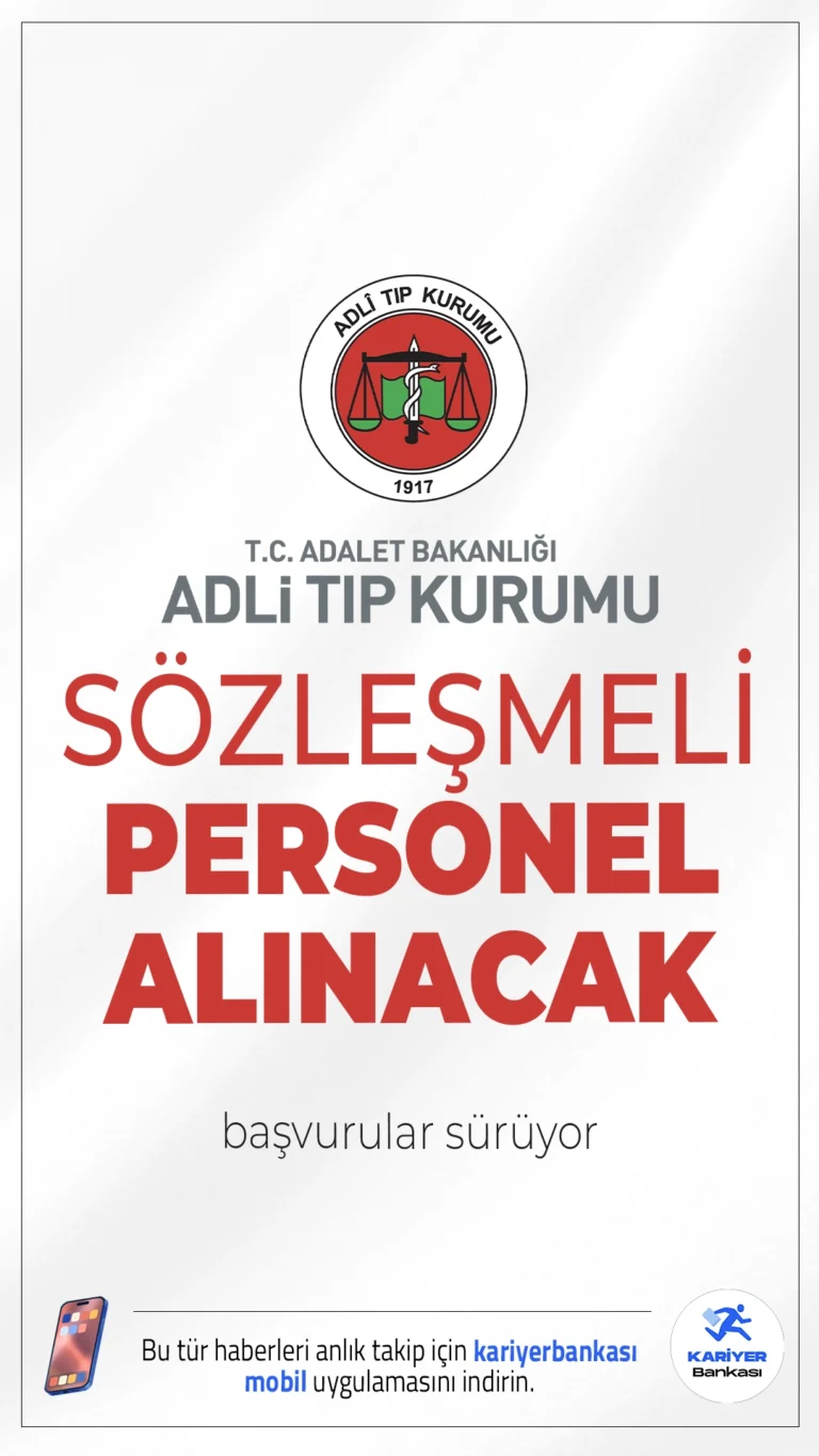 Adli Tıp Kurumu (ATK) 155 Personel Alımı Sürüyor.Adli Tıp Kurumu (ATK) sözleşmeli personel alımı için başvurular sürüyor. İlgili alım duyurusuna göre, ATK'ya Mühendis (Bilişim, Makine), Psikolog, Kimyager, Biyolog, Koruma ve Güvenlik Görevlisi, Destek Personeli (Temizlik, Şoför, Aşçı), Bilgisayar Teknikeri, Hemşire, Sağlık Teknikeri (Otopsi), Büro Personeli, Laborant, İnfaz ve Koruma Memuru ünvanlarında personel alımı yapılacak.Başvuru şartları ve diğer tüm detaylar bu haberimizde.
