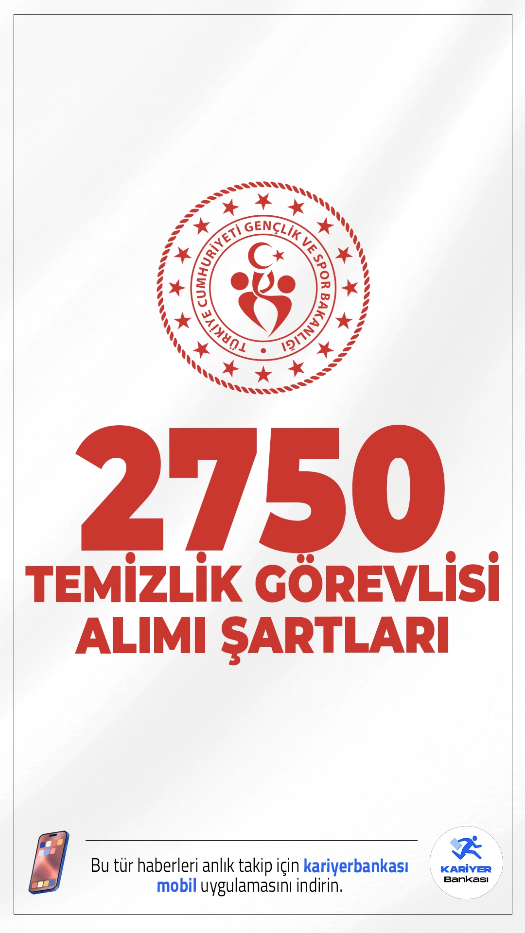GSB 2750 Temizlik Görevlisi Alımı Şartları.Gençlik ve Spor Bakanlığı (GSB) 2750 destek personeli (temizlik görevlisi) alımı başvuru işlemleri devam ediyor.Alımlar, Bakanlığın taşra teşkilatlarında istihdam edilmek üzere 657 sayılı Devlet Memurları Kanunu’nun 4/B maddesi kapsamında gerçekleştirilecek. Başvuru şartları ve diğer tüm detaylar bu haberimizde.