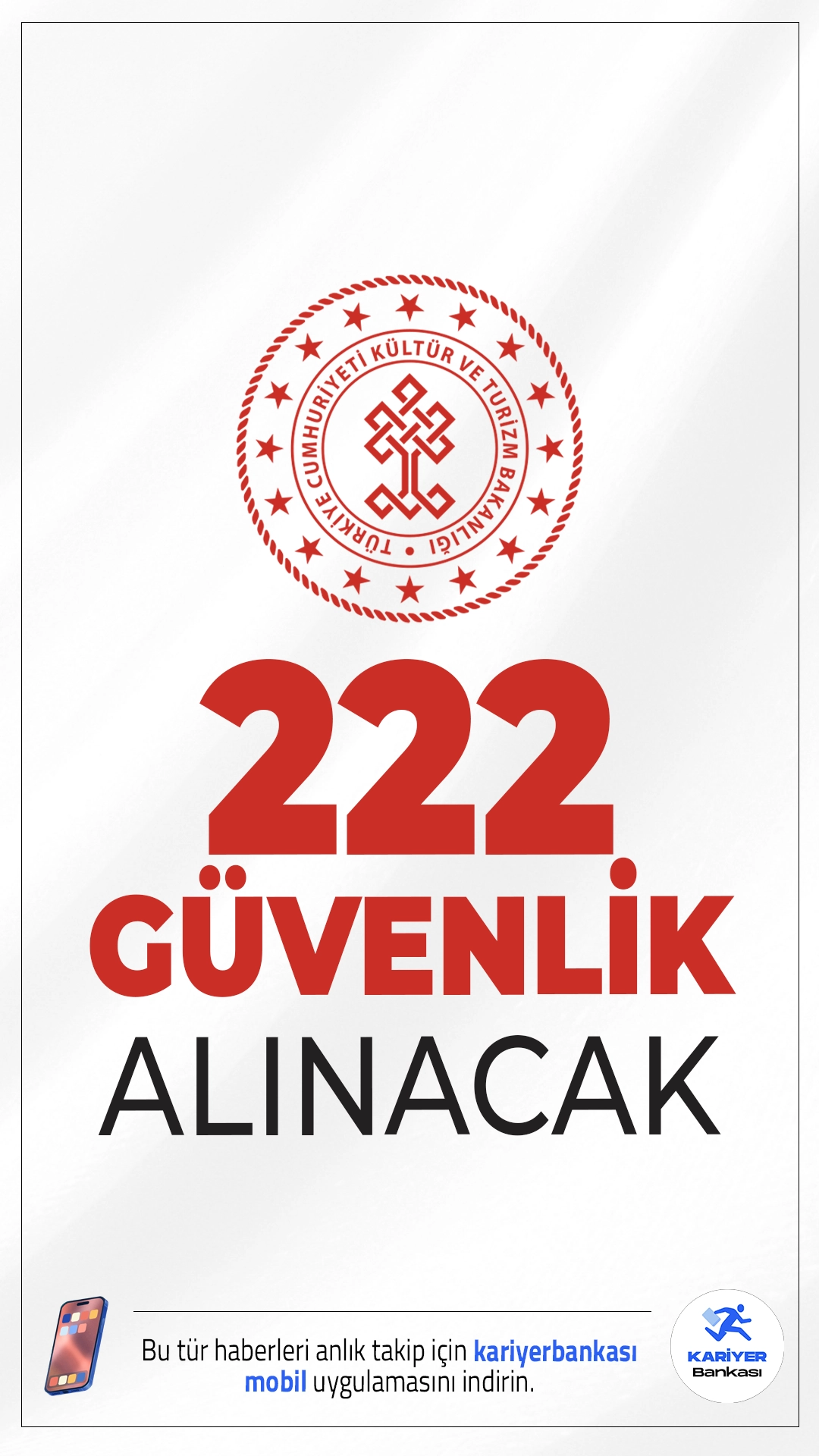 Kültür Bakanlığı 222 Güvenlik Alımı Yapacak.Resmi Gazete’de yayımlanan duyuruda, Kültür ve Turizm Bakanlığı 795 sözleşmeli personel alımı kapsamında 222 koruma ve güvenlik görevlisi alınacağı aktarıldı. Başvuru yapacak adayların genel ve özel şartları sağlaması gerekmektedir. İşte şartlar ve illere göre kontenjanlar