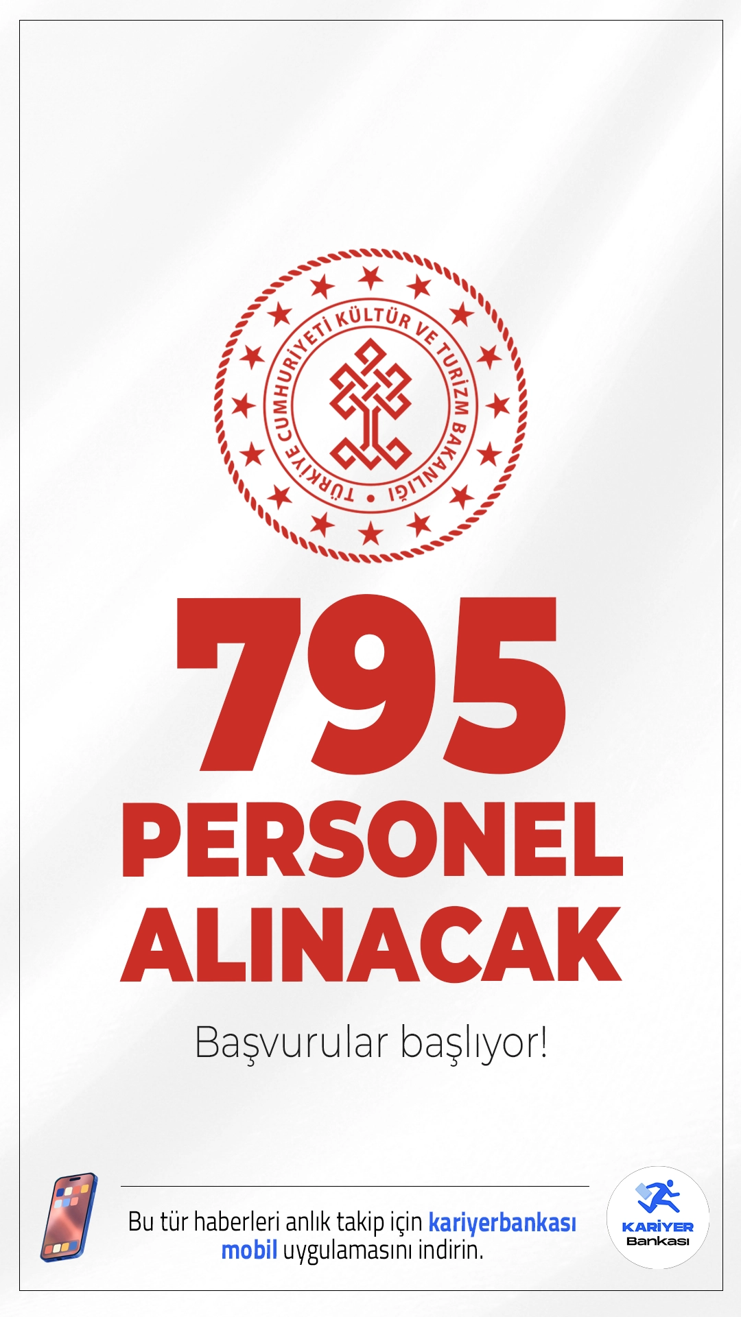 Kültür Bakanlığı 795 Personel Alımı Başvuruları Başlıyor.Kültür ve Turizm Bakanlığı personel alımı başvuruları 25 Ağustos'ta başlıyor. İlgili alım duyurusunda, Kültür Bakanlığına büro personeli, kütüphaneci, koruma ve güvenlik görevlisi, temizlik personeli, şoför, tekniker/teknisyen ve aşçı ünvanlarında sözleşmeli personel alımı yapılacağı aktarıldı. Başvuru yapacak adayların genel ve özel şartları sağlaması gerekmektedir.