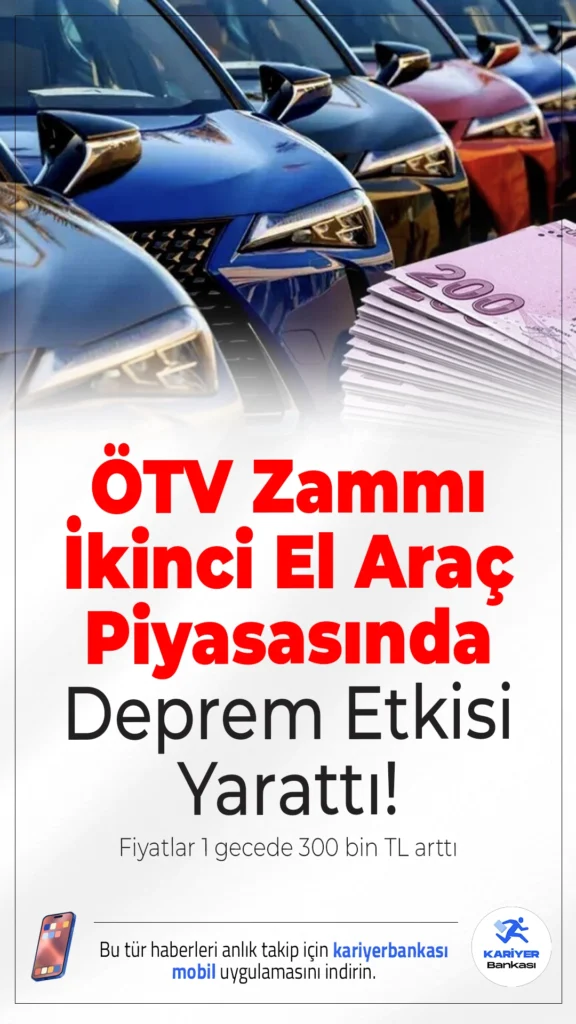 ÖTV Zammı İkinci El Araç Piyasasında Deprem Etkisi Yarattı! Fiyatlar 1 Gecede 300 Bin TL Arttı.Sıfır araçlardaki ÖTV artışı sonrası, ikinci el otomobil fiyatları bir gecede adeta uçuşa geçti. Tüketiciler, yükselen fiyatlar öncesinde araç almak için harekete geçerken, bazı modellerde 300 bin TL’ye varan artışlar yaşandı.