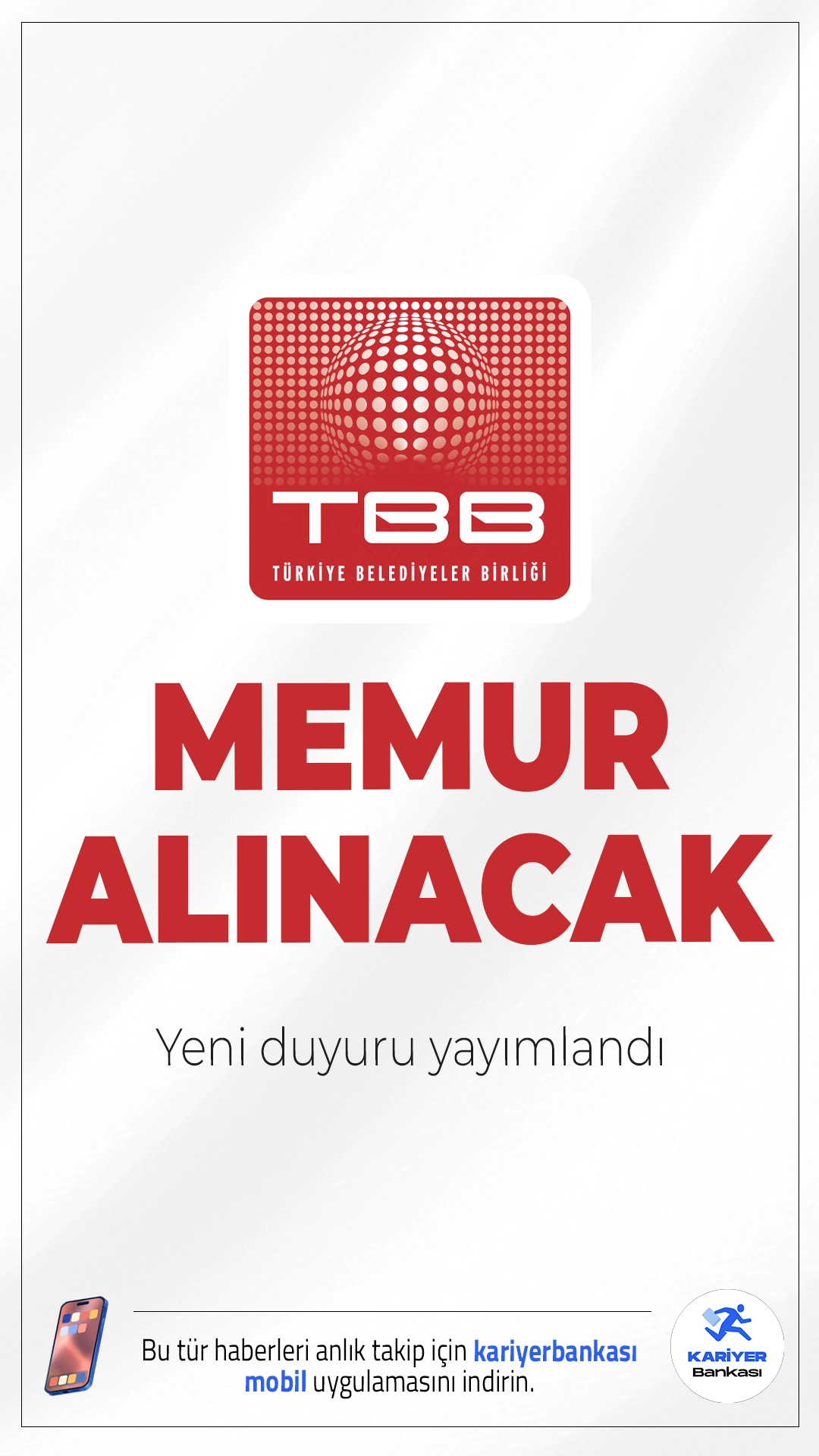 Türkiye Belediyeler Birliği 4 Memur Alımı Yapacak.Türkiye Belediyeler Birliği (TBB), Ankara’da görevlendirilmek üzere 4 farklı kadroda toplam 4 memur alımı yapacağını duyurdu. Alım yapılacak pozisyonlar ve kontenjanlar belli oldu.