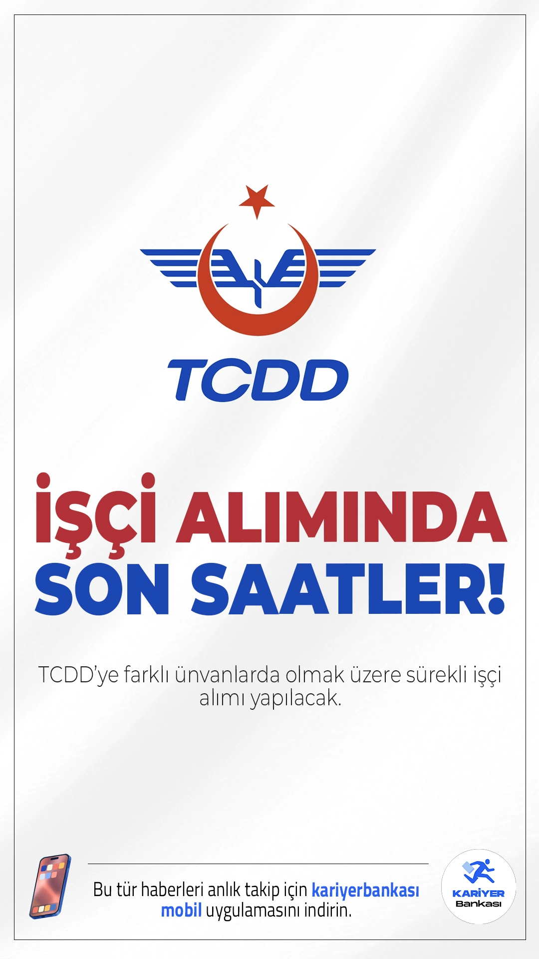 TCDD 80 İşçi Alımı Başvurusunda Son Saatler!TCDD İşletmesi Genel Müdürlüğü sürekli işçi alımı başvurularında son saatlere girildi. ilgili alım duyurusuna göre, alımların 46’sı sözlü sınav usulüyle, 34’ü ise noter huzurunda kura çekimiyle gerçekleştirilecek. Başvuru yapacak adayların belirtilen şartları taşıması gerekmektedir. İşte şartlar ve başvuru bilgileri..