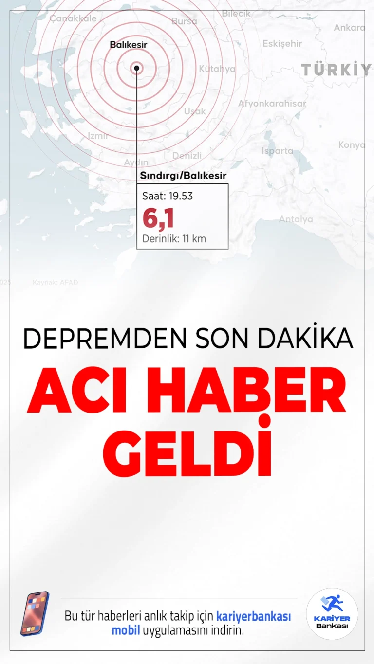 Balıkesir'de Meydana Gelen Depremde 1 Kişi Hayatını Kaybetti.Balıkesir’in Sındırgı ilçesinde meydana gelen 6,1 büyüklüğündeki deprem İstanbul ve Marmara bölgesinde paniğe neden oldu. Bir kişi enkaz altında hayatını kaybetti.