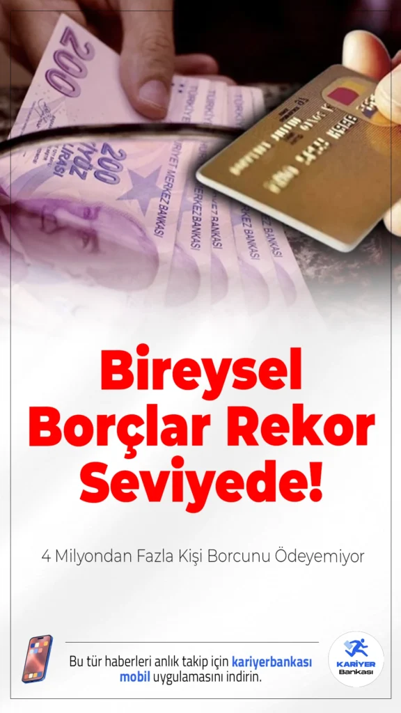 Bireysel Borçlar Rekor Seviyede! 4 Milyondan Fazla Kişi Borcunu Ödeyemiyor.Yüksek enflasyon ve kur artışı, milyonlarca vatandaşın bütçesini zorluyor. Kredi kartı ve bireysel kredi borcunu ödeyemeyenlerin sayısı rekor kırdı.