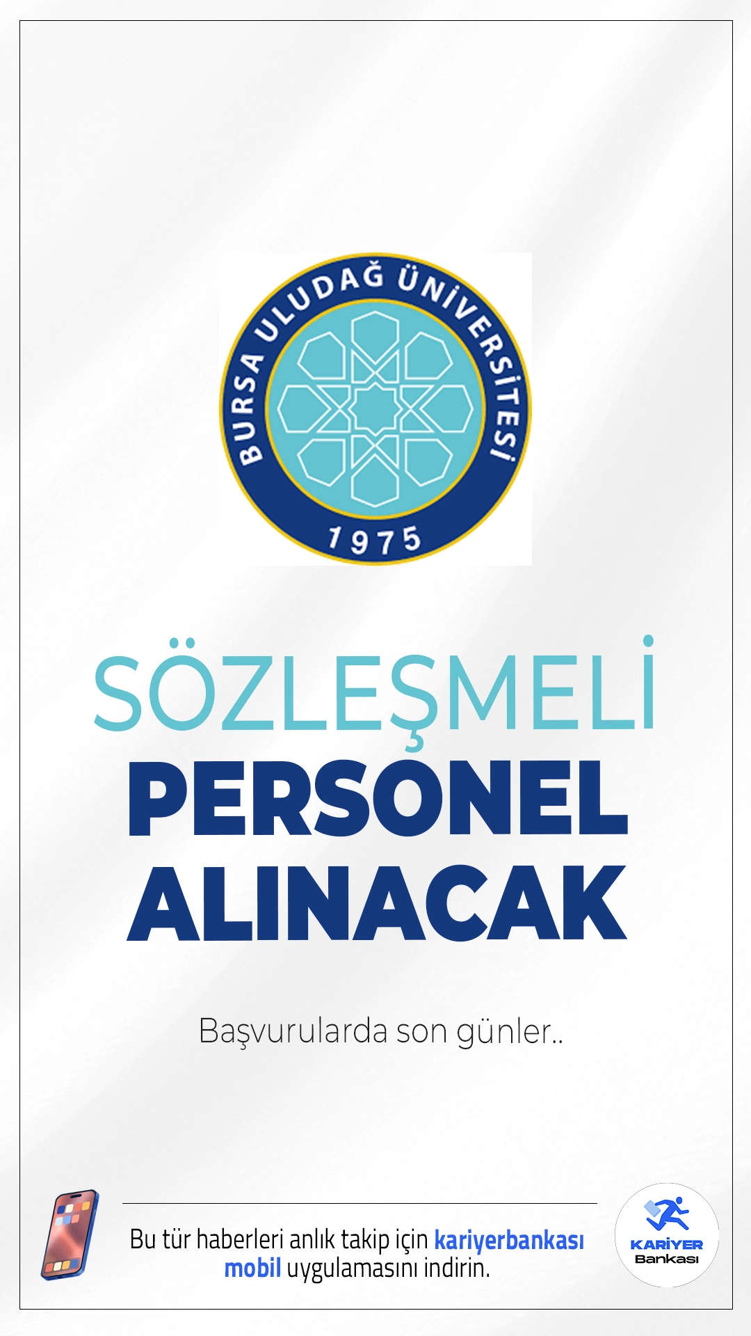 Bursa Uludağ Üniversitesi 32 Personel Alımı Sürüyor.İlgili alım duyurusuna göre , Bursa Uludağ Üniversitesine hemşire, temizlik görevlisi, hasta bakıcı, hastane temizlik görevlisi ünvanlarında sözleşmeli personel alımı yapılacak.Başvurular 8 Ağustos'ta sona erecek. Başvuru şartları ve diğer tüm detaylar bu haberimizde.