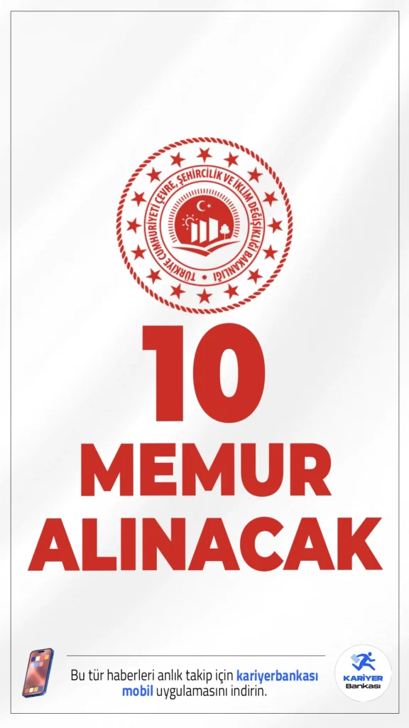 Çevre, Şehircilik ve İklim Değişikliği Bakanlığı 10 Memur Alımı Yapacak.Çevre, Şehircilik ve İklim Değişikliği Bakanlığı Rehberlik ve Teftiş Başkanlığı, Müfettiş Yardımcısı alımı yapacağını duyurdu. Alım, 7 Hukuk ve 3 Çevre Mühendisliği mezunu aday için geçerli olacak. Adaylar, yazılı ve sözlü sınav sonucuna göre değerlendirilecek.