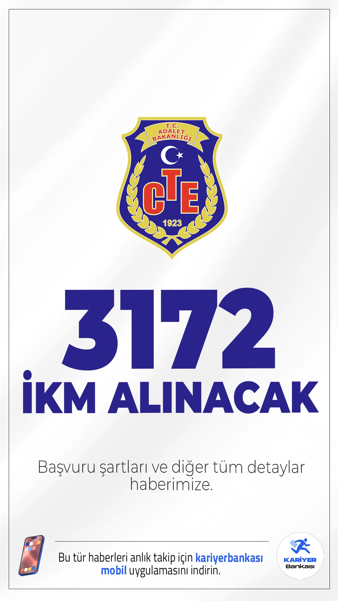 CTE 3172 İnfaz ve Koruma Memuru (İKM) Alımı Yapacak.Adalet Bakanlığı Ceza ve Tevkifevleri Genel Müdürlüğü 3 bin 172 infaz ve koruma memuru (ikm) alımı başvuruları sürüyor. İlgili alım duyurusuna göre CTE'ye en az lise mezunlarından olmak üzere, ön lisans ve lisans mezunlarından İKM alımı yapılacak.Başvuru yapacak adayların genel ve özel şartları sağlaması gerekmektedir. İşte İKM alımı şartları...
