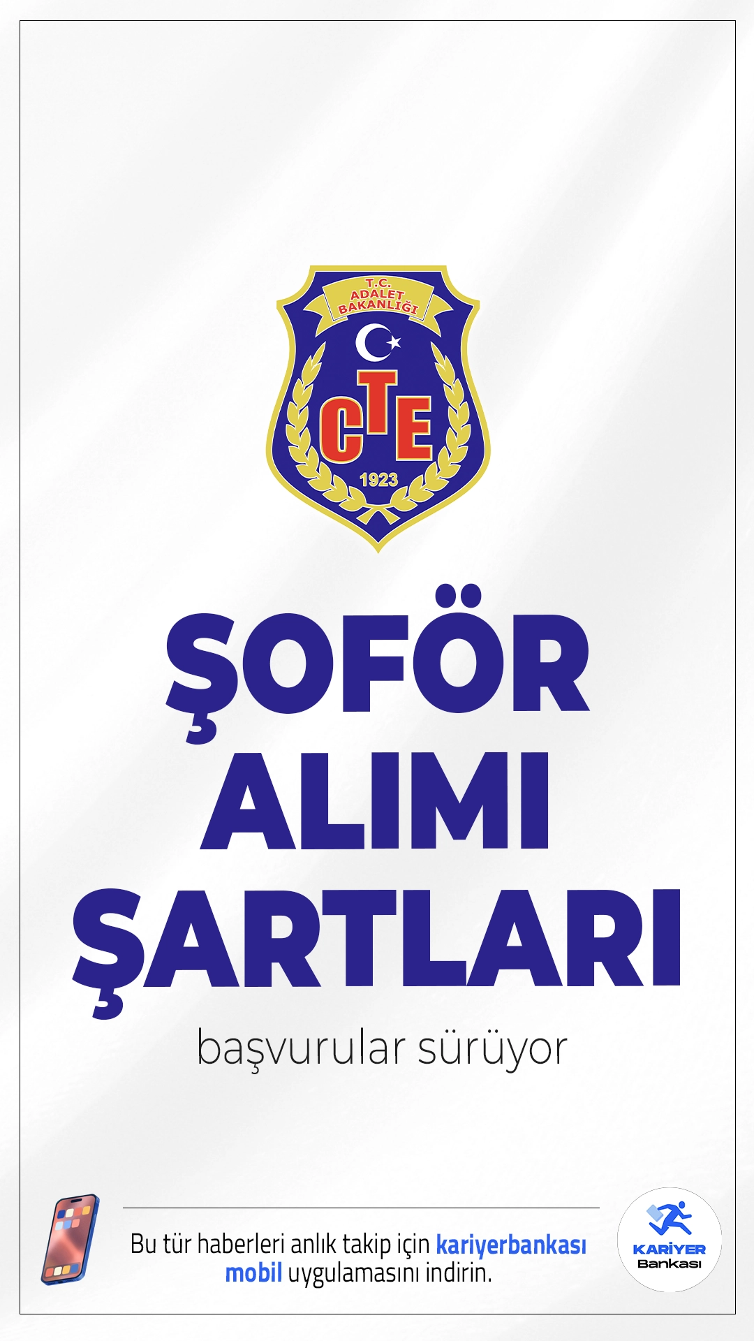 CTE 100 Şoför Alımı Şartları.Adalet Bakanlığı Ceza ve Tevkifevleri Genel Müdürlüğü şoför alımı başvuruları sürüyor. İlgili alım duyurusuna göre, CTE'ye en az lise olmak üzere, ön lisans ve lisans mezunlarından şoför alımı yapılacak. Başvuru yapacak adayların belirtilen şartları dikkatle incelemesi gerekmektedir.İşte şartlar..