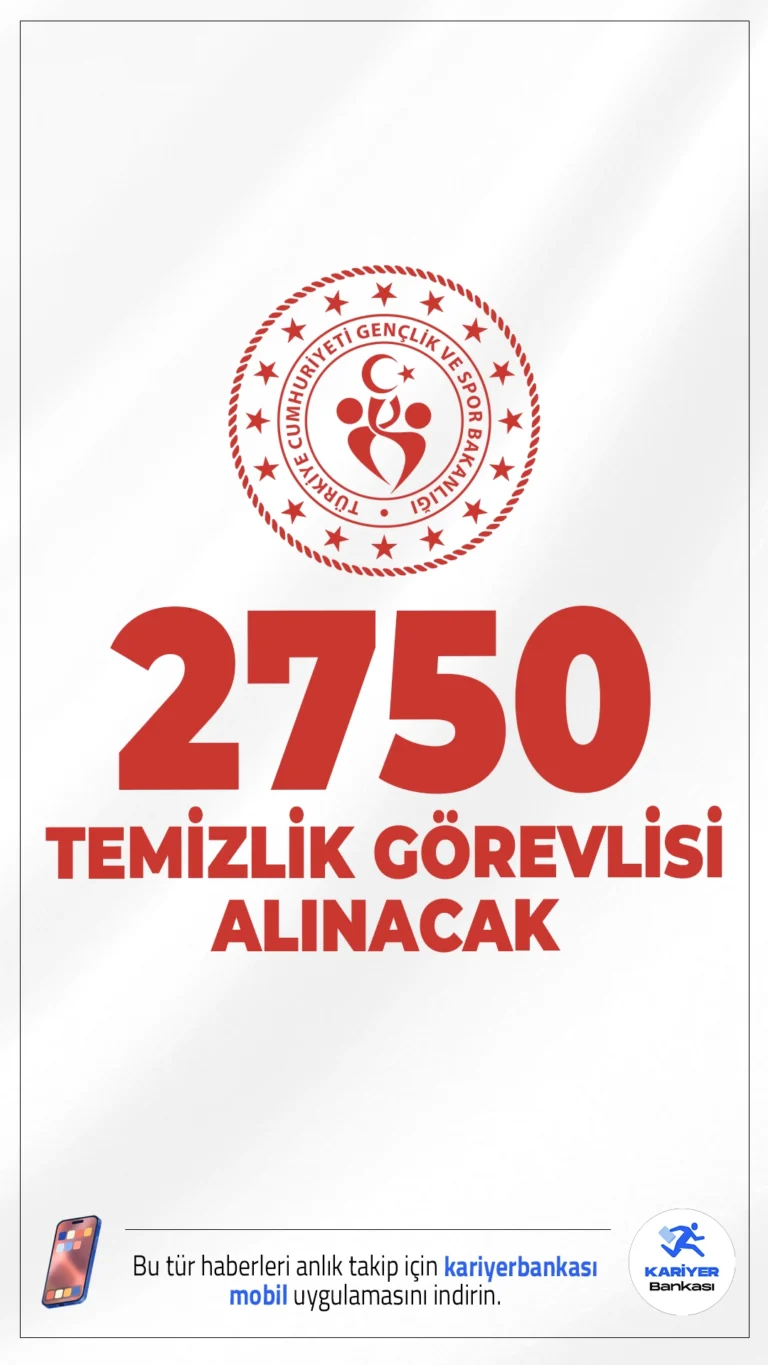 GSB 2750 Temizlik Görevlisi Alacak.Gençlik ve Spor Bakanlığı (GSB), 2025 yılı için toplam 2750 sözleşmeli destek personeli (temizlik görevlisi) alımı yapacağını duyurdu. Bu alımlar, Bakanlığın taşra teşkilatlarında istihdam edilmek üzere 657 sayılı Devlet Memurları Kanunu’nun 4/B maddesi kapsamında gerçekleştirilecek. KPSS 2024 P94 puan türü esas alınarak yazılı ve sözlü sınav yapılmaksızın alım yapılacak.