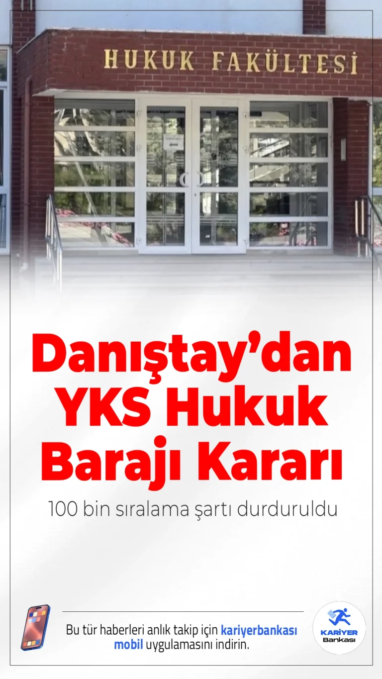 Danıştay’dan YKS Hukuk Barajı Kararı: 100 Bin Sıralama Şartı Durduruldu.YKS’de hukuk fakülteleri için 100 bin başarı sıralaması şartı iptal edildi; bu yıl da 125 bin baraj uygulanacak.