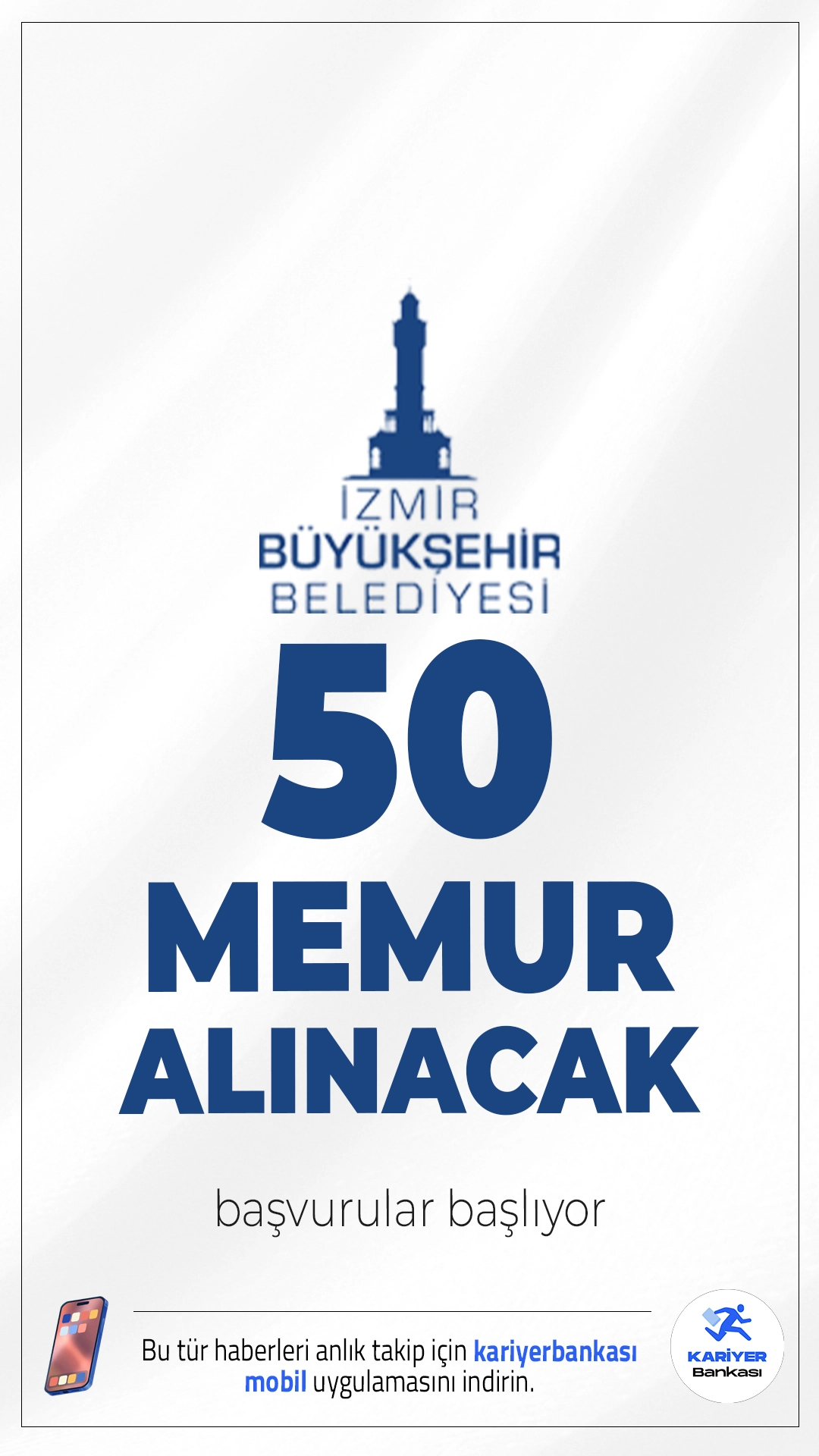 İzmir Büyükşehir Belediyesi 50 Memur Alımı Başlıyor.İzmir Büyükşehir Belediye Başkanlığı memur alımı yapacak. Resmi Gazete'de yayımlanan duyuruda, İzmir Büyükşehir Belediyesine aşağıda belirtilen ön lisans ve lisans programlarından mezun memur alımı yapılacağı aktarıldı. Alımlar, Belediye Zabıta Yönetmeliği hükümleri doğrultusunda ve KPSS puanı esas alınarak gerçekleştirilecek.Başvurular 18 Ağustos'ta başlıyor.İşte şartlar ve kontenjanlar...