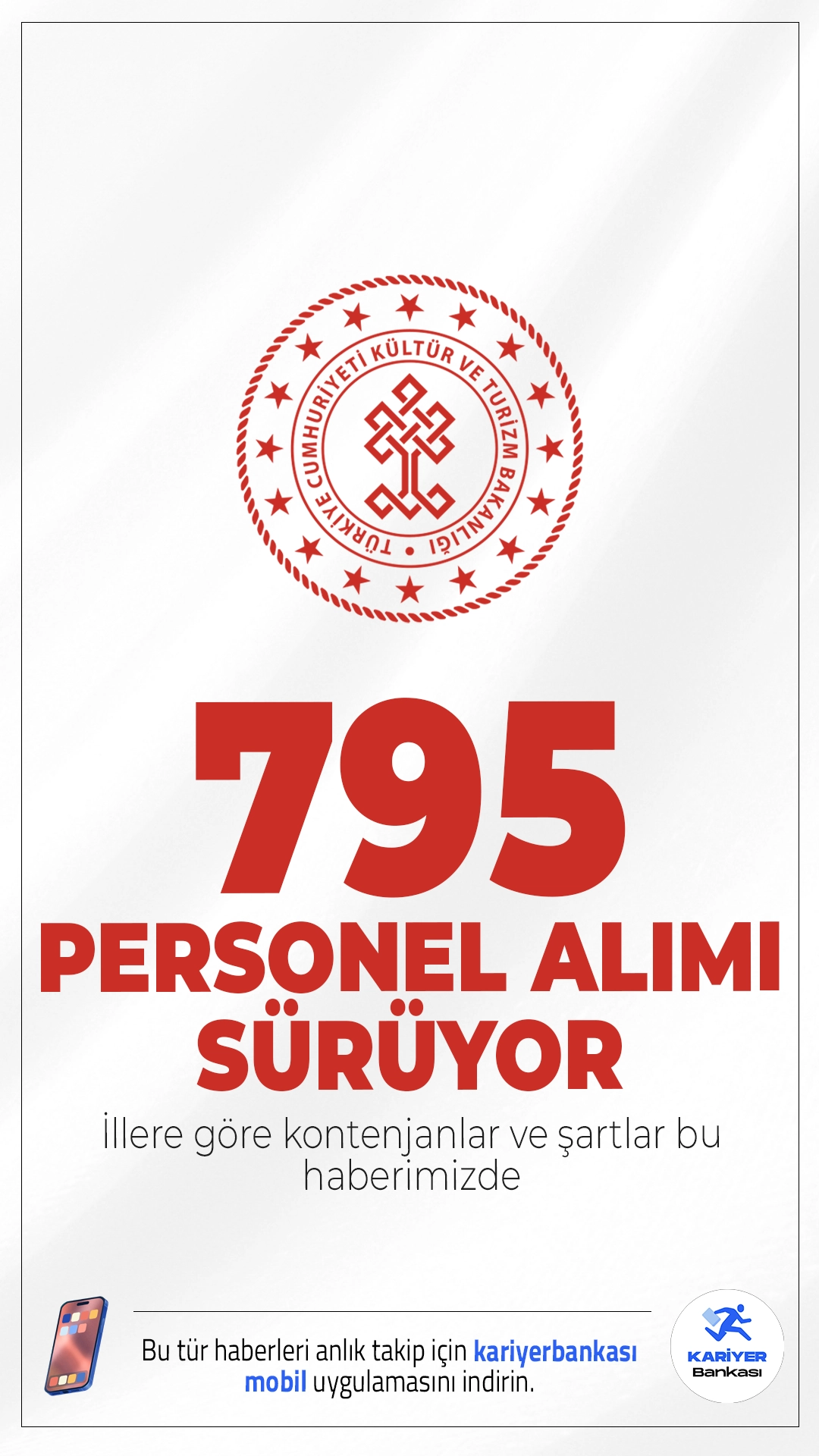 Kültür Bakanlığı 795 Personel Alımı Başvurusu Sürüyor.Kültür ve Turizm Bakanlığına sözleşmeli personel alımı için başvurular devam ediyor. İlgili alım duyurusuna göre, Kültür Bakanlığına büro personeli, kütüphaneci, koruma ve güvenlik görevlisi, temizlik personeli, şoför, tekniker/teknisyen ve aşçı ünvanlarında personel alımı yapılacak. İllere göre kontenjanlar ve şartlar bu haberimizde.