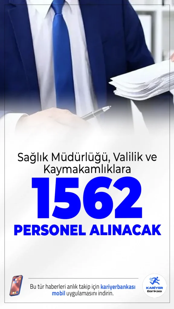 Sağlık Müdürlüğü, Valilik ve Kaymakamlıklara 1562 Personel Alımı Yapılacak.Türkiye İş Kurumu (İŞKUR) üzerinden yapılan son dakika duyurusuna göre, İşbaşı Eğitim Programı (İUP) kapsamında farklı illerde bulunan kamu kurumlarında çalıştırılmak üzere toplam 1.562 personel alınacak.