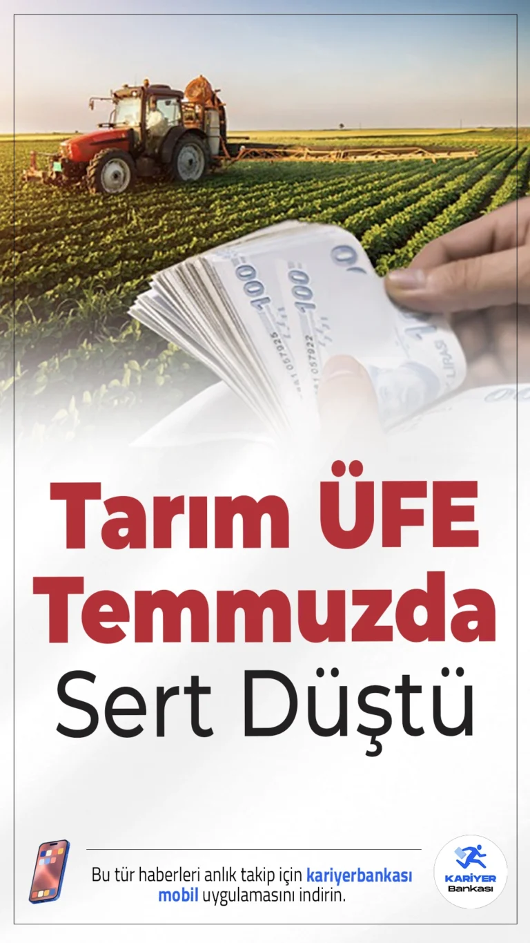 Tarım ÜFE Temmuzda Sert Düştü: Yüzde 5,66 Azalış.Temmuzda Tarım ÜFE aylık bazda yüzde 5,66 gerilerken, yıllık bazda yüzde 44,32 artış kaydetti.