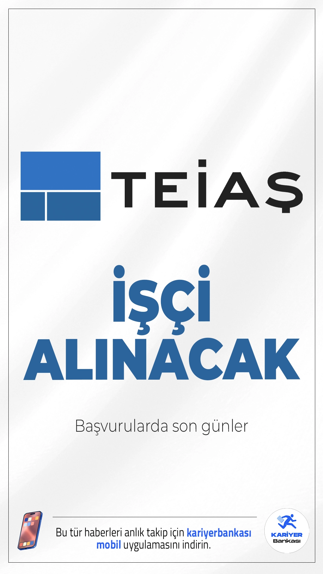 TEİAŞ 38 İşçi Alımı Başvurularında Son Günler.Türkiye Elektrik İletim A.Ş. (TEİAŞ), farklı illerde görevlendirilmek üzere sürekli işçi alımı başvurular sona eriyor. İlgili duyuruya göre, 15 eski hükümlü ve 23 engelli aday istihdam edilecek. Başvuru yapacak adayların genel ve özel şartları sağlaması gerekmektedir.