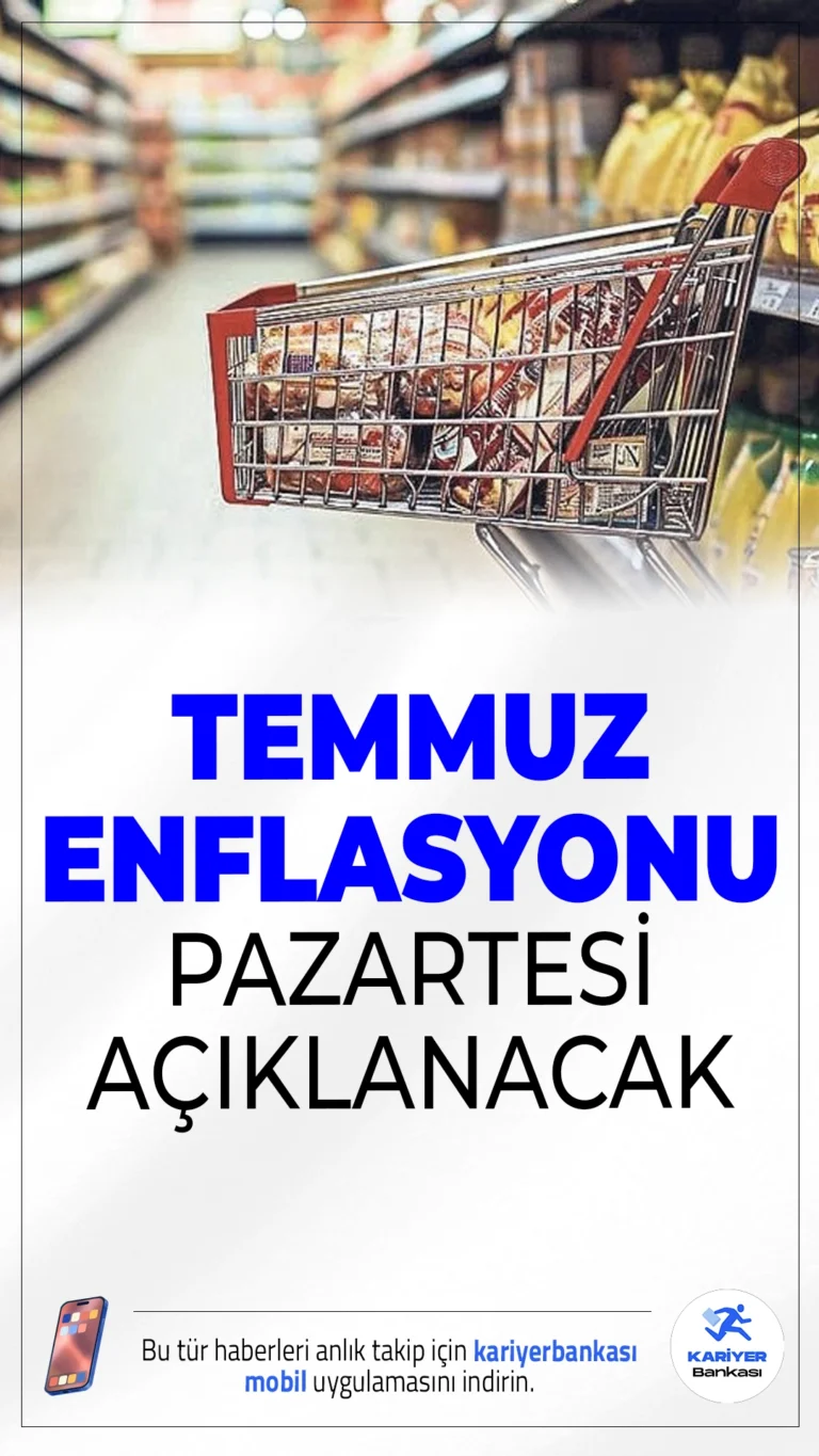 Temmuz Enflasyon Verileri 5 Ağustos Pazartesi Günü Açıklanacak.Temmuz ayına ilişkin enflasyon oranı 5 Ağustos’ta belli olacak. Haziran ayında yıllık enflasyon yüzde 35,05'e gerilemişti.