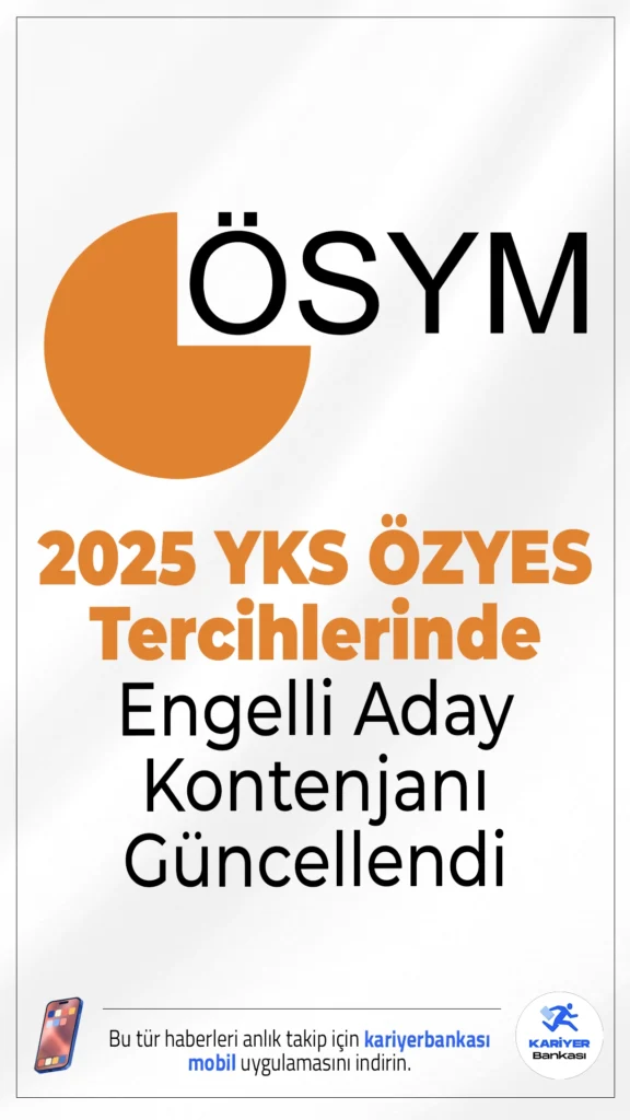 Özel Yetenek Sınavı Tercih Kılavuzunda Engelli Aday Kontenjanı Güncellendi.Yükseköğretim Kurulu (YÖK), 2025-YKS kapsamında Spor Bilimleri alanında yapılacak Özel Yetenek Sınavı tercih kılavuzunda engelli adaylara ayrılan kontenjanlarda güncelleme yaptı.