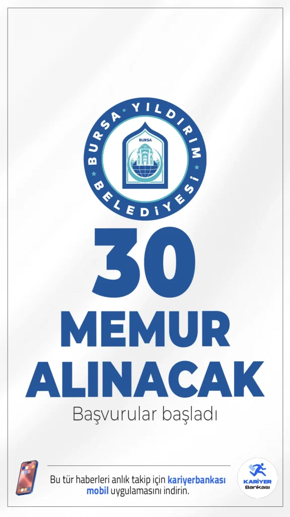 Bursa Yıldırım Belediyesi 30 Memur Alımı Başvuruları Alınacak.Bursa Yıldırım Belediye Başkanlığ memur alımı başvuruları başladı. İlgili alım duyurusunda, Yıldırım Belediyesine ortaöğretim ve ön lisans mezunlarından zabıta memuru alımı yapılacağı aktarıldı.Başvuru yapacak adayların genel şartların yanı sıra, özel şartları da dikkatle incelemesi gerekmektedir.Başvuru şartları ve diğer tüm detaylar bu haberimizde.