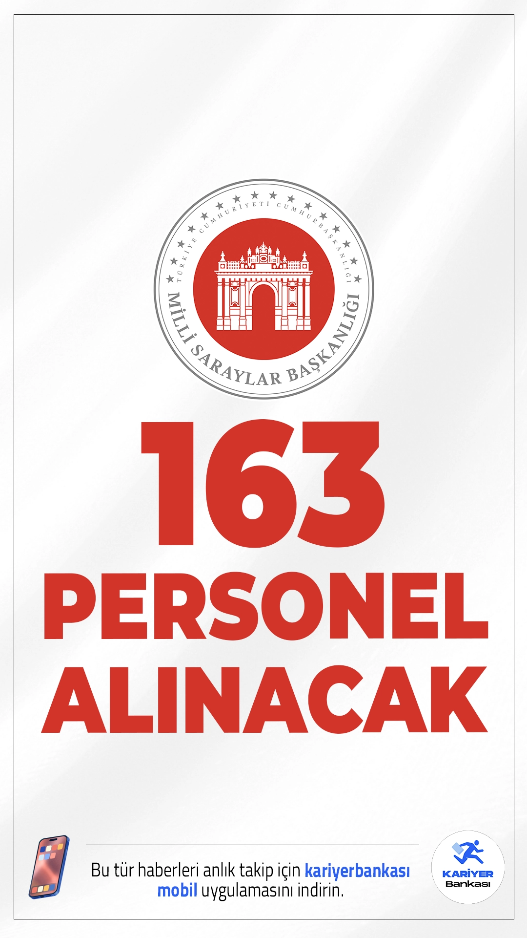 Milli Saraylar 163 Personel Alımı Yapacak.Milli Saraylar İdaresi Başkanlığı, 2025 yılı için dikkat çeken bir personel alım ilanı yayımladı. Resmi duyuruya göre, merkez teşkilatında görevlendirilmek üzere toplam 163 sözleşmeli personel alınacak. Alım yapılacak unvanlar arasında büro personeli, müze görevlisi, koruma ve güvenlik görevlisi, destek personeli (temizlik ve şoför), mühendis, mimar, restoratör, tekniker, imam hatip ve itfaiyeci yer alıyor.