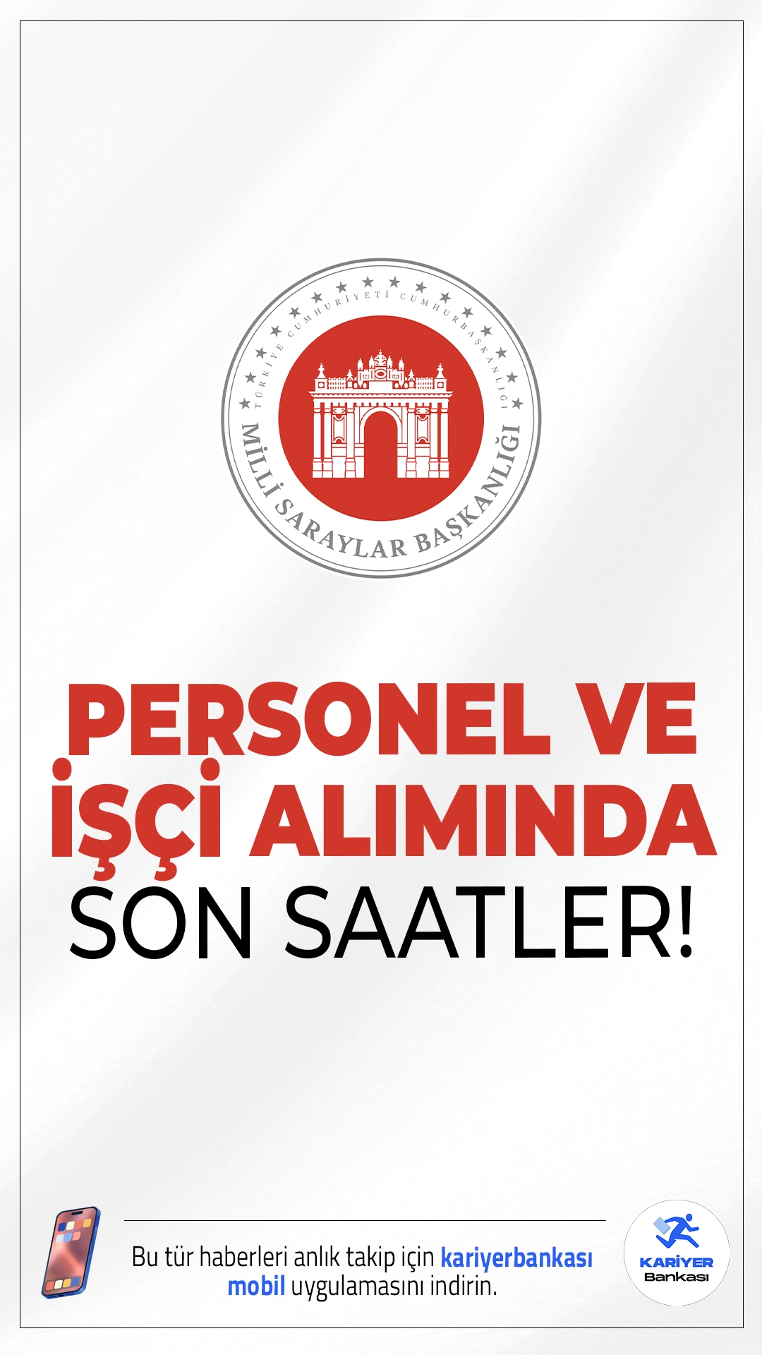 Milli Saraylar 230 Personel ve İşçi Alımında Son Saatler!Milli Saraylar İdaresi personel alımı başvurularında son saatlere girildi. İlgili alım duyurularında göre, Milli Saraylar İdaresi Başkanlığına farklı ünvanlarda olmak üzere 163 sözleşmeli personel ve 67 sürekli işçi alımı yapılacak. Başvurular bugün (21 Eylül 2025) sona eriyor. İşte başvuru sayfası ve şartlar...