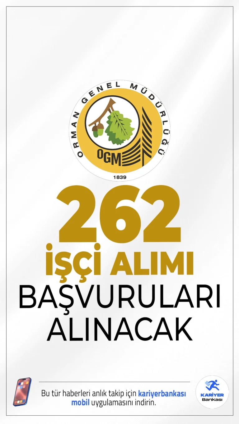 Orman Genel Müdürlüğü (OGM) 262 İşçi Alımı Başvuruları Alınacak.Orman Genel Müdürlüğü işçi alımı başvuruları bugün (29 Eylül 2025) itibarıyla alınmaya başlandı. İlgili alım duyurusuna göre, OGM taşra teşkilatlarında istihdam edilmek üzere 162 engelli ve 100 eski hükümlü/TMY statüsünde olmak üzere 262 daimi işçi alımı yapılacak. Başvuru işlemleri 3 Ekim 2025 tarihine kadar sürecek.Başvuru şartları ve diğer detaylar bu haberimizde.