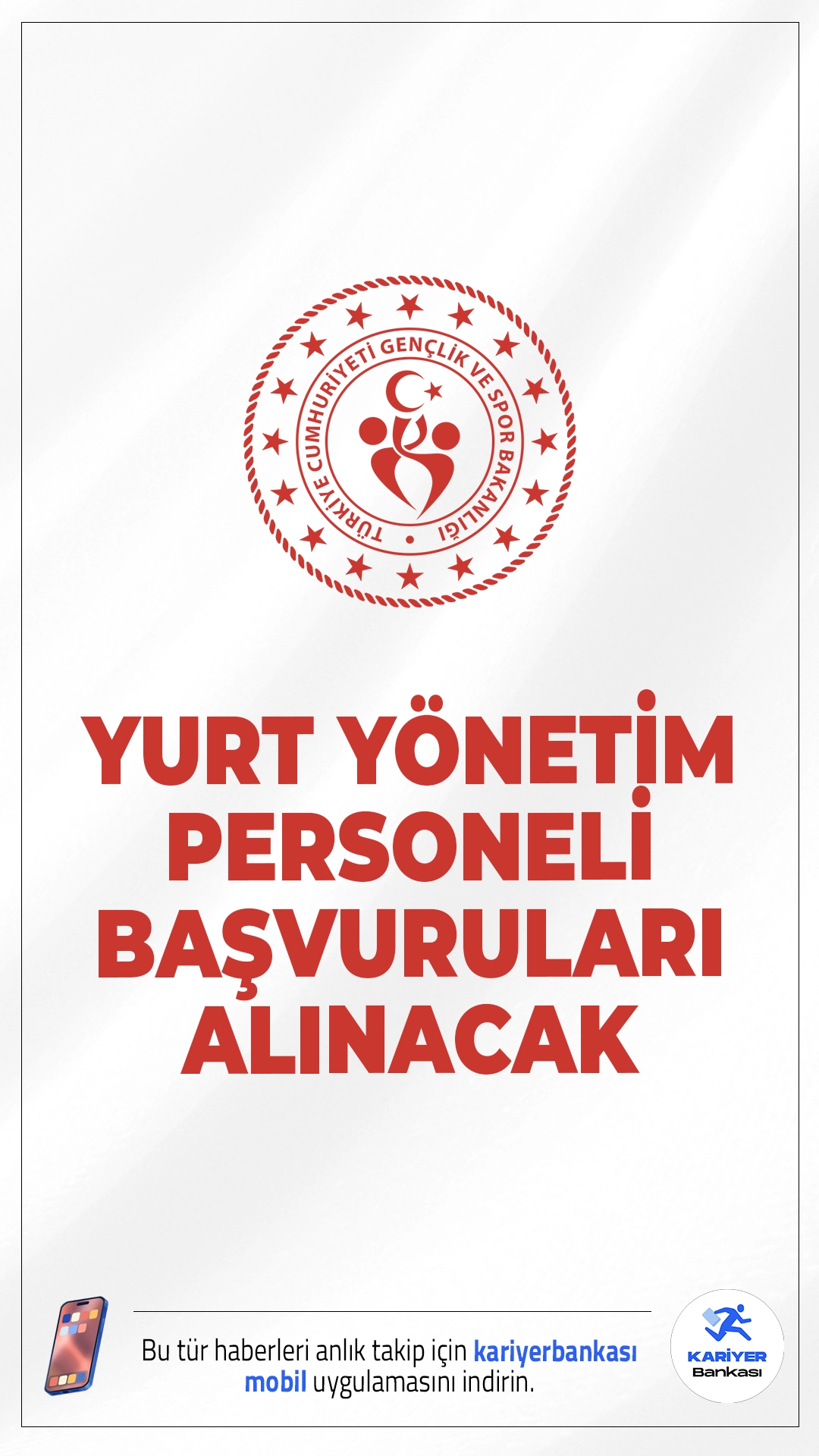 Gençlik ve Spor Bakanlığı (GSB) 450 Yurt Yönetim Personeli Alımı Başvuruları Alınacak.Gençlik ve Spor Bakanlığı (GSB) 2025 yılı için taşra teşkilatında bulunan yurt müdürlüklerinde görevlendirilmek üzere 450 sözleşmeli Yurt Yönetim Personeli alımı için başvuru işlemleri bugün (8 Eylül) itibarıyla alınmaya başlandı.Başvuru yapacak adayların belirtilen şartları dikkatle incelemesi gerekmektedir.İşte şartlar ve başvuru bilgileri..