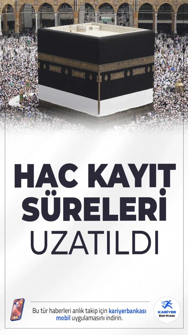 Hac Kayıt Güncelleme Süresi Uzatıldı.Hac kayıtlarını güncellemek isteyenler için süre 30 Eylül 2025'e kadar uzatıldı. Yeni kayıt alınmayacak, sadece önceki başvurular güncellenebilecek.