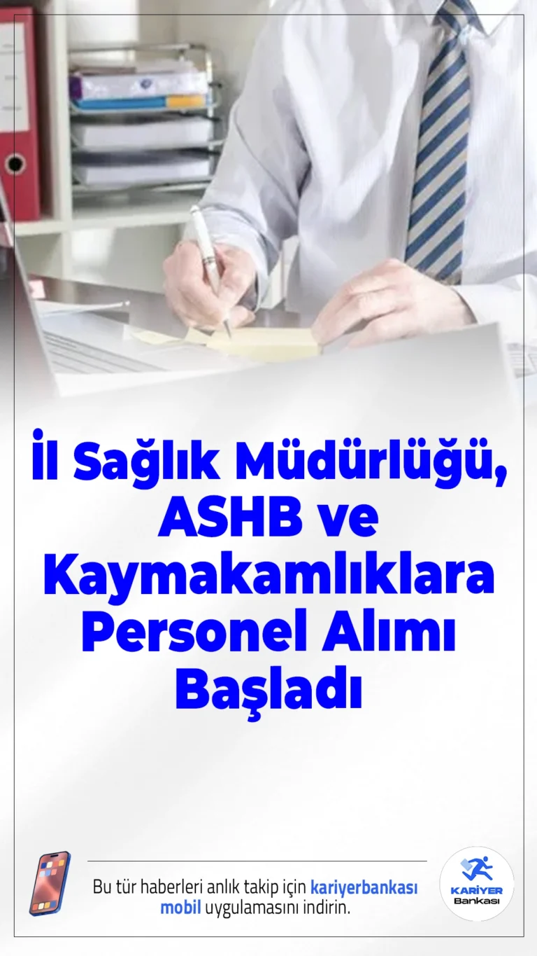 İl Sağlık Müdürlüğü, ASHB ve Kaymakamlıklara Personel Alımı Başladı.İŞKUR üzerinden yapılan açıklamaya göre, İstihdam Uyum Programı (İUP) kapsamında Kilis, İstanbul, Diyarbakır, Antalya, Hatay, Bingöl ve Kastamonu gibi illerde faaliyet gösteren kamu kurumlarında çalıştırılmak üzere KPSS şartı aranmaksızın çok sayıda personel alımı yapılacak. Alımlar İl Sağlık Müdürlükleri, Aile ve Sosyal Hizmetler Bakanlığı (ASHB) İl Müdürlükleri ile kaymakamlıklar bünyesinde gerçekleştirilecek.