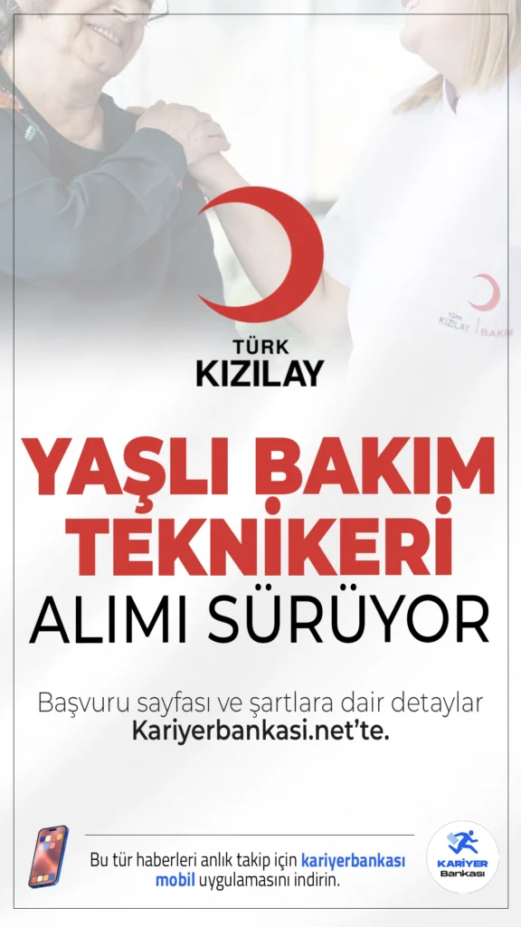 Kızılay Yaşlı Bakım Teknikeri Alımı Sürüyor.Türk Kızılayı Yaşlı Bakım Teknikeri alımı için başvurular devam ediyor.Kızılay’ın sosyal hizmet vizyonuyla kurulan ve yaşlı bireylerin bakımını üstlenen bu kurum, yeni çalışma arkadaşları arıyor. Başvuru yapacak adayların belirtilen şartları sağlaması gerekmektedir. İşte şartlar ve başvuru sayfası...