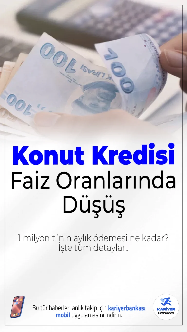 Konut Kredisi Faizlerinde Geri Sayım Başladı! İşte 1 Milyon TL Kredi İçin Güncel Ödeme Planı.Konut kredisi faiz oranlarında yaşanan son düşüşler, ev sahibi olma hayali kuranlar için umut verici gelişmeler sundu. Faiz oranları 2,69’a kadar gerilerken, aylık ödeme ve toplam geri ödeme tutarları da dikkat çekiyor.