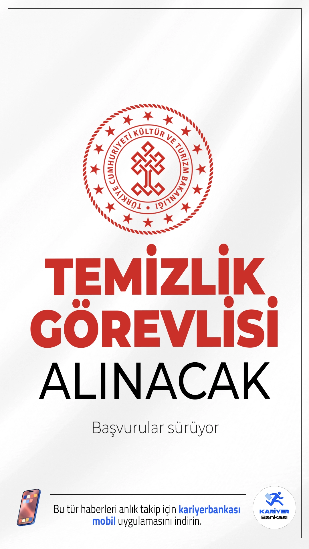 Kültür Bakanlığı 154 Temizlik Görevlisi Alımı Şartları.Kültür ve Turizm Bakanlığı 795 sözleşmeli personel alımı kapsamında temizlik görevlisi alımı için başvur işlemleri devam ediyor. Resmi Gazete'de yayımlanan duyuruya göre, Kültür ve Turizm Bakanlığına kadın- erkek adaylardan olmak üzere temizlik görevlisi alımı yapılacak. Başvurular 8 Eylül'de sona eriyor.Başvuru yapacak adayların genel ve özel şartları sağlaması gerekmektedir.