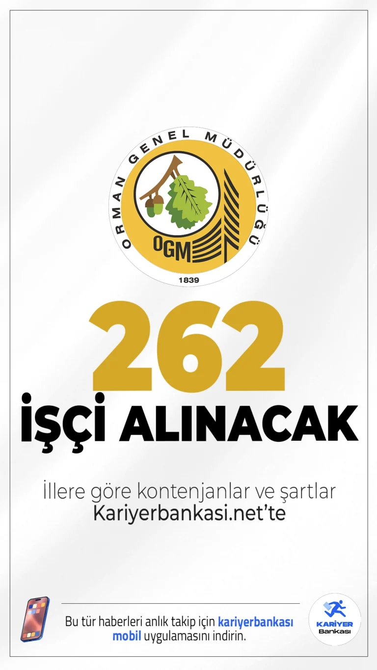 Orman Genel Müdürlüğü (OGM) 262 Daimi İşçi Alımı Yapacak.Orman Genel Müdürlüğü, taşra teşkilatlarında istihdam edilmek üzere 162 engelli ve 100 eski hükümlü/TMY statüsünde toplam 262 daimi işçi alımı yapacağını duyurdu. Başvurular 29 Eylül – 3 Ekim 2025 tarihleri arasında Türkiye İş Kurumu (İŞKUR) üzerinden alınacak.Başvuru şartları vie diğer tüm detaylar bu haberimizde.