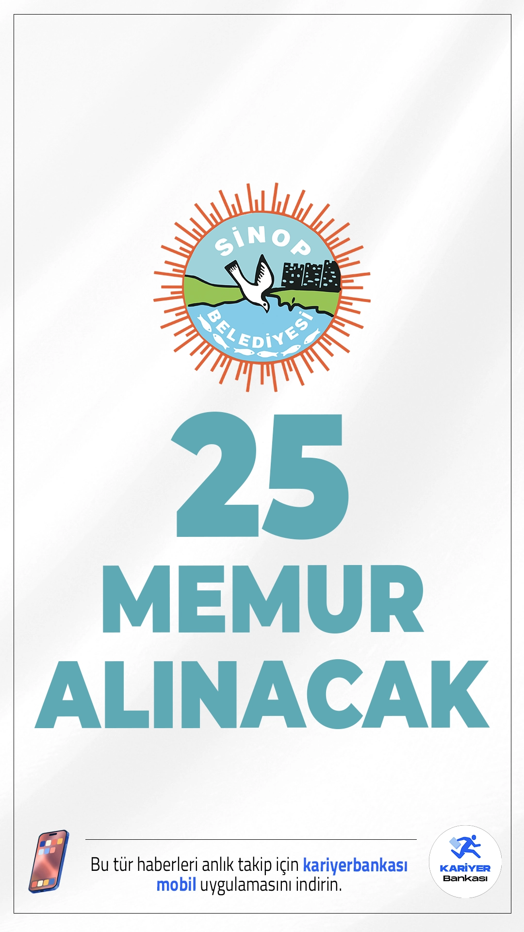 Sinop Belediyesi 25 Memur Alımı Yapacak.Sinop Belediyesi, 657 sayılı DMK kapsamında 25 yeni personel alacak. Kadrolar; 10 İtfaiye Eri, 6 Zabıta Memuru, 4 Memur, 3 Mühendis (İnşaat, Elektrik, Bilgisayar), 1 Mimar ve 1 Şehir Plancısı olarak açıklandı. Başvurular 22–24 Ekim 2025 tarihleri arasında alınacak. 