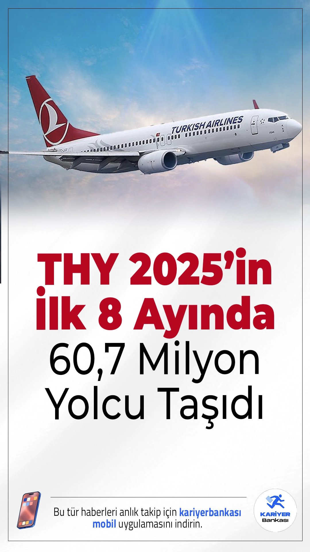 THY, 2025’in İlk 8 Ayında 60,7 Milyon Yolcu Taşıdı.Türk Hava Yolları (THY), 2025’in ocak-ağustos döneminde yolcu sayısını yüzde 5,8 artırarak 60,7 milyona ulaştırdı. Yolcu doluluk oranı ise yüzde 82,7 olarak gerçekleşti.