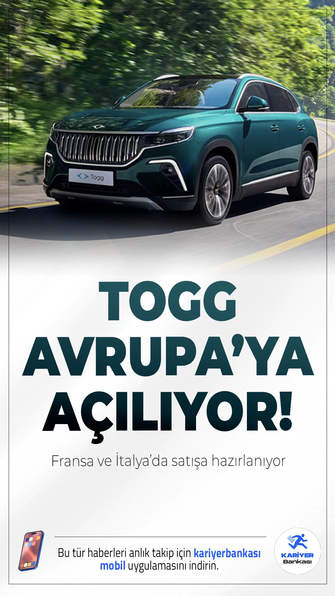 Togg Avrupa’ya Açılıyor: Fransa ve İtalya’da Satışa Hazırlanıyor.Togg, Almanya pazarına girişinin ardından Avrupa'daki varlığını genişletmek için Fransa ve İtalya’da satış hazırlıklarına başladı. Şirketin yeni modeli T8X için de çalışmalar tüm hızıyla sürüyor.