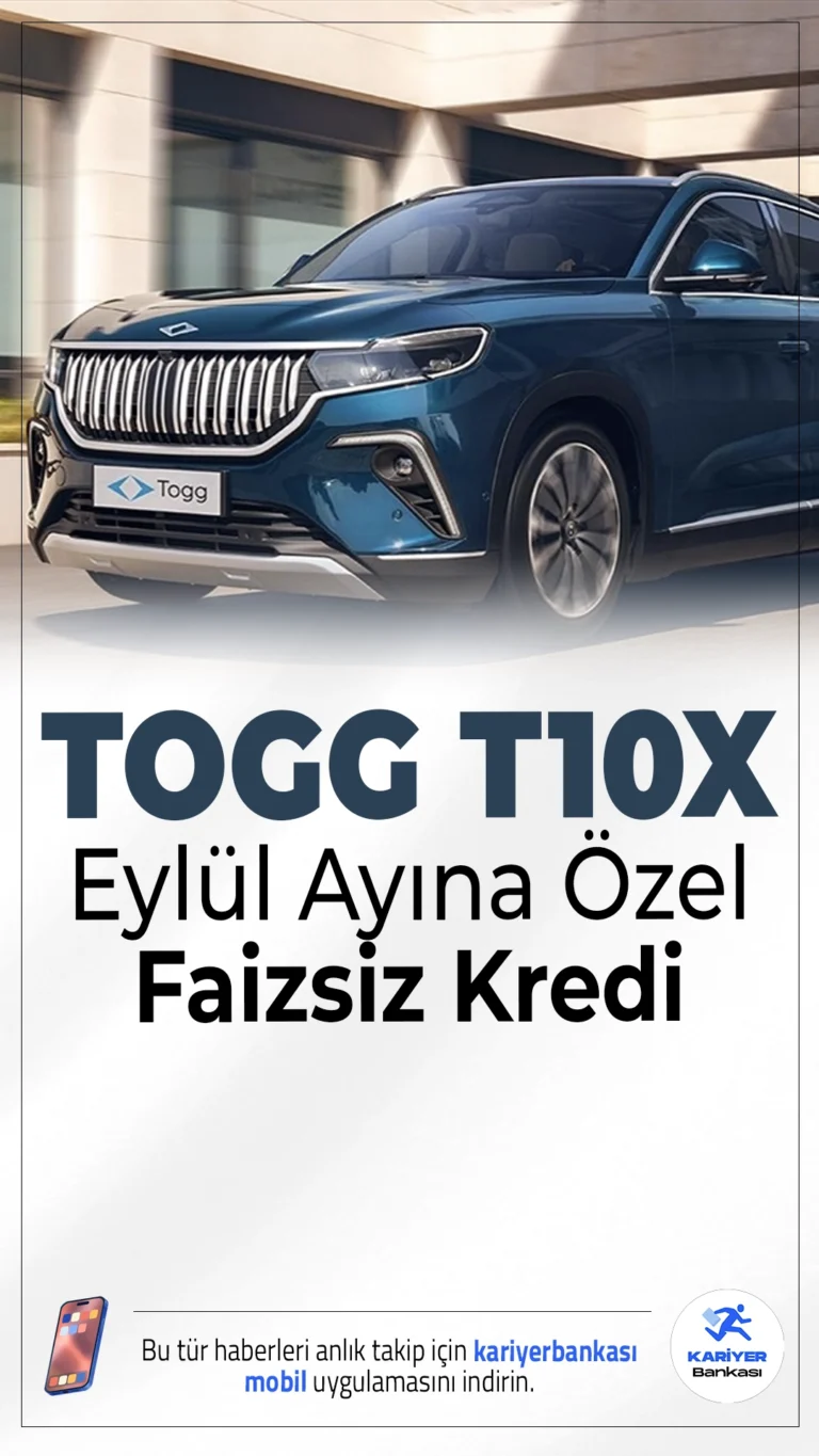 TOGG T10X İçin Eylül Ayına Özel Faizsiz Kredi Fırsatı.Ayda 33.334 TL taksitle faizsiz kredi desteğiyle TOGG T10X sahibi olmak artık mümkün. Eylül ayına özel kampanya sınırlı sayıda araç için geçerli.
