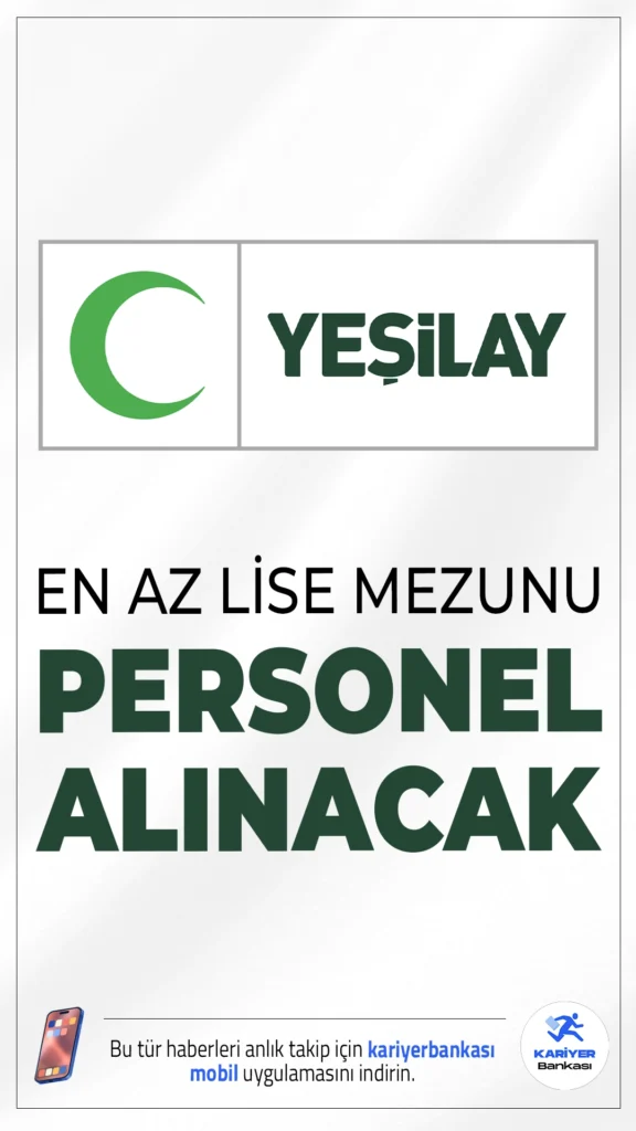 Yeşilay En Az Lise Mezunu Personel Alımı Yapacak.Türkiye Yeşilay Cemiyeti, Eylül 2025 dönemine özel çeşitli kadrolarda personel alımı ilanını yayımladı. Geniş yelpazeye sahip pozisyonlarda yapılan bu alımlar, hem lise mezunlarına hem de lisans ve yüksek lisans mezunlarınahitap ediyor. Türkiye’nin önde gelen sivil toplum kuruluşlarından biri olan Yeşilay, birçok şehirde görev yapacak alanında uzman ve deneyimli adayları kadrosuna dahil etmeyi hedefliyor.