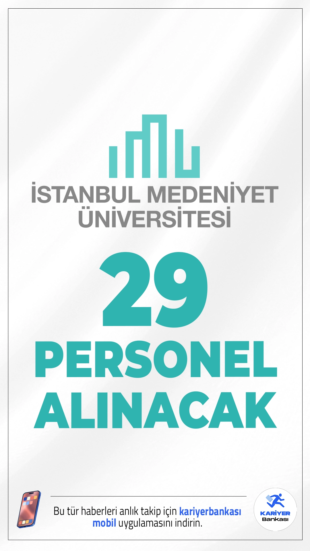 İstanbul Medeniyet Üniversitesi 29 Personel Alımı Yapacak.İstanbul Medeniyet Üniversitesi, 2025 yılı kapsamında farklı pozisyonlarda istihdam edilmek üzere 29 sözleşmeli personel alımı gerçekleştirecek. Alımlar 657 sayılı Devlet Memurları Kanunu’nun 4/B maddesi kapsamında yapılacak olup, adayların KPSS puanı ile başvuru yapması gerekiyor.İşte şartlar ve kontenjanlar..