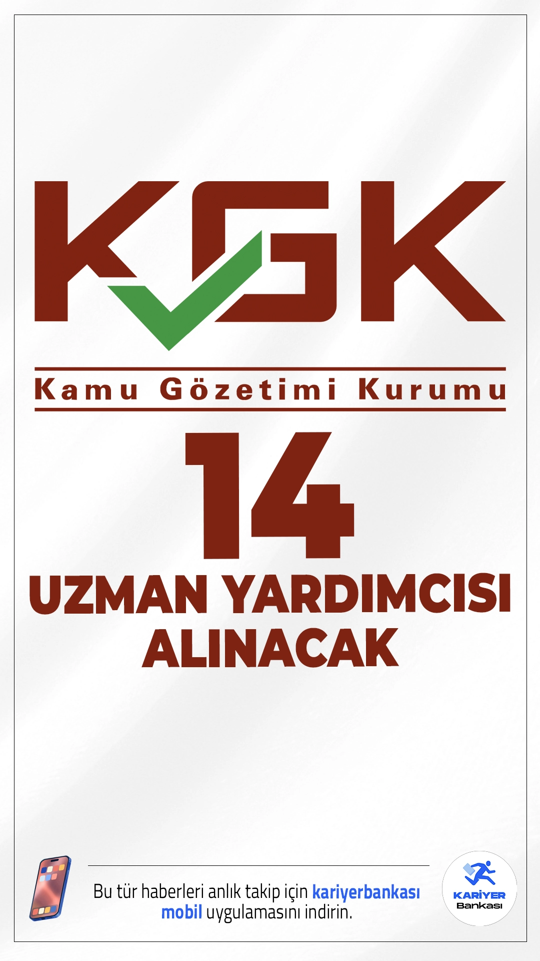 KGK 14 Uzman Yardımcısı Alımı Yapacak.Kamu Gözetimi, Muhasebe ve Denetim Standartları Kurumu (KGK), bilişim alanında görevlendirilmek üzere 14 kişilik uzman yardımcısı alımı için giriş sınavı düzenleyeceğini duyurdu. KPSS puanı en az 75 olan adaylar arasından seçim yapılacak.