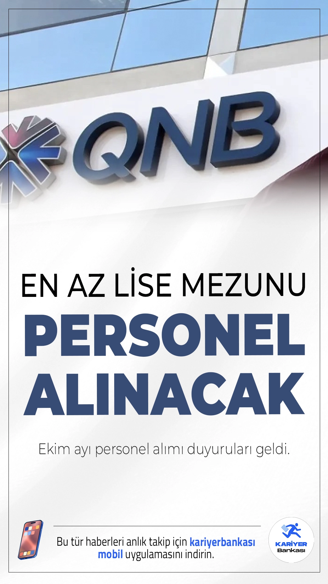 QNB Finansbank En Az Lise Mezunu Personel Alımı Başladı.Türkiye'nin önde gelen özel bankalarından QNB Finansbank, Ekim 2025 itibarıyla farklı şehirlerde çeşitli pozisyonlara personel alımı yapacağını duyurdu. Bankacılık sektöründe kariyer yapmak isteyen adaylar için büyük bir fırsat olan bu ilanda, en az lise mezunu adaylara da başvuru imkânı tanınıyor.İşte ilana dair tüm detaylar...