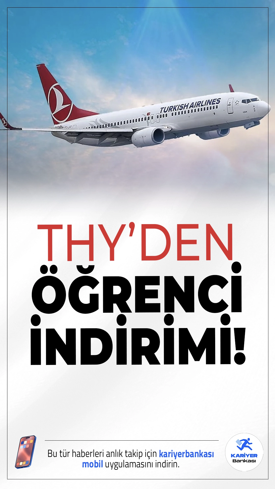 THY'den Öğrencilere Seyahat Fırsatı: %20’ye Varan İndirim Kampanyası.12-34 yaş aralığındaki öğrenciler, THY'nin yeni kampanyasıyla yurt içi ve yurt dışı uçuşlarda avantajlı fiyatlarla seyahat edebilecek. Öğrencilik belgesini yükleyenler, indirimli bilet alma şansına sahip oluyor.